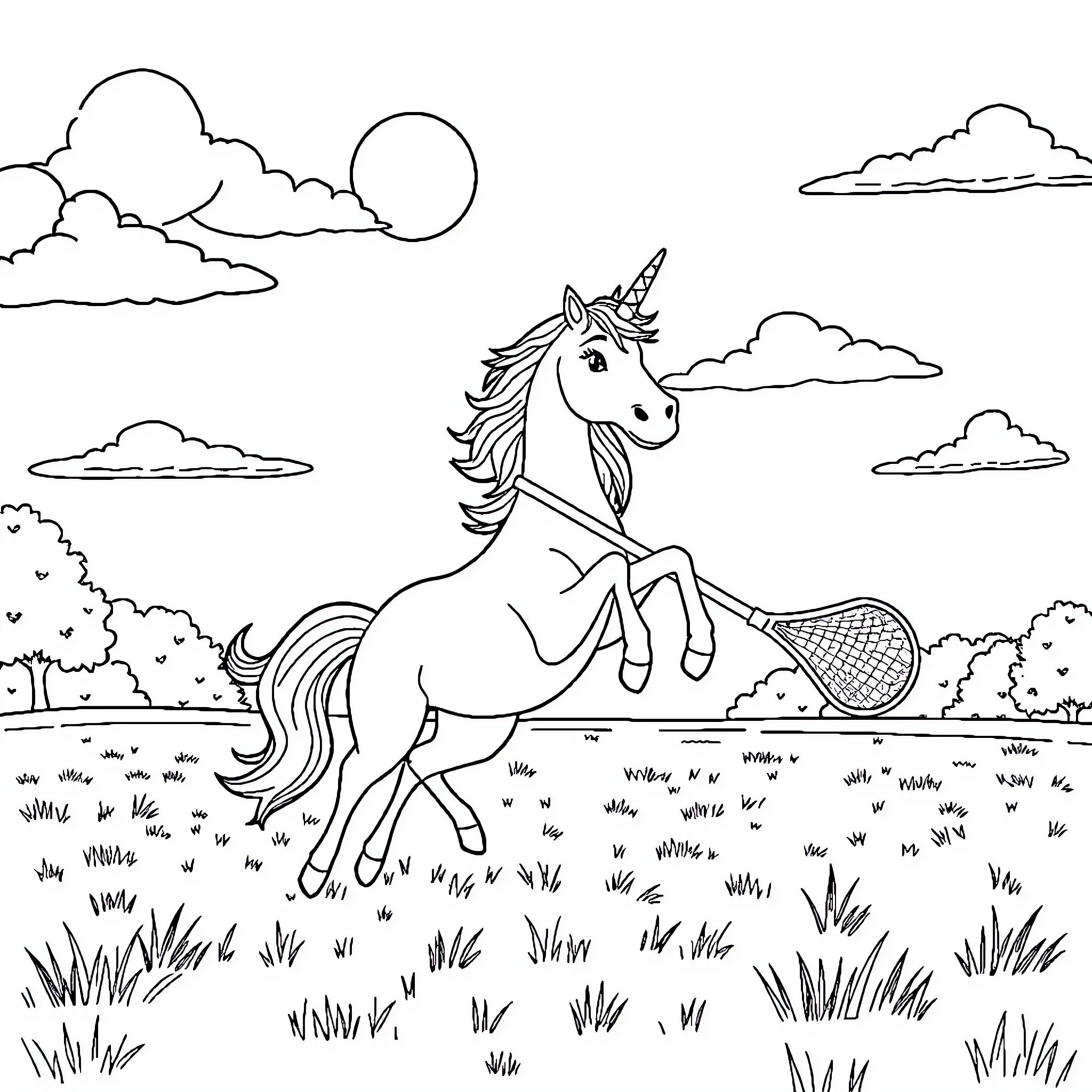 Unicorn leaping through enchanted meadow Coloring Page (free black-and-white line drawing printable PDF for all, from beginners to advanced learners, including children, teens, adults, and seniors)