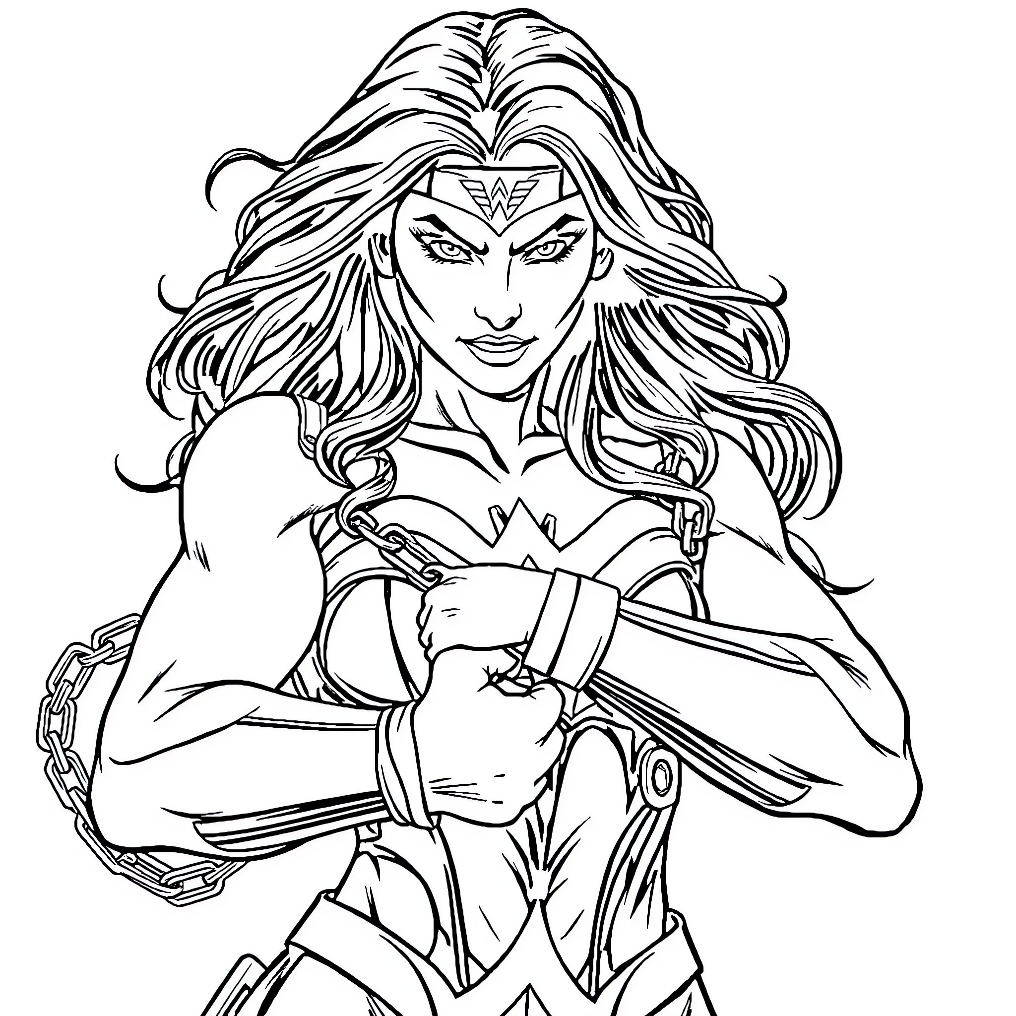 Wonder Woman in fierce combat stance Coloring Page (free black-and-white line drawing printable PDF for all, from beginners to advanced learners, including children, teens, adults, and seniors)