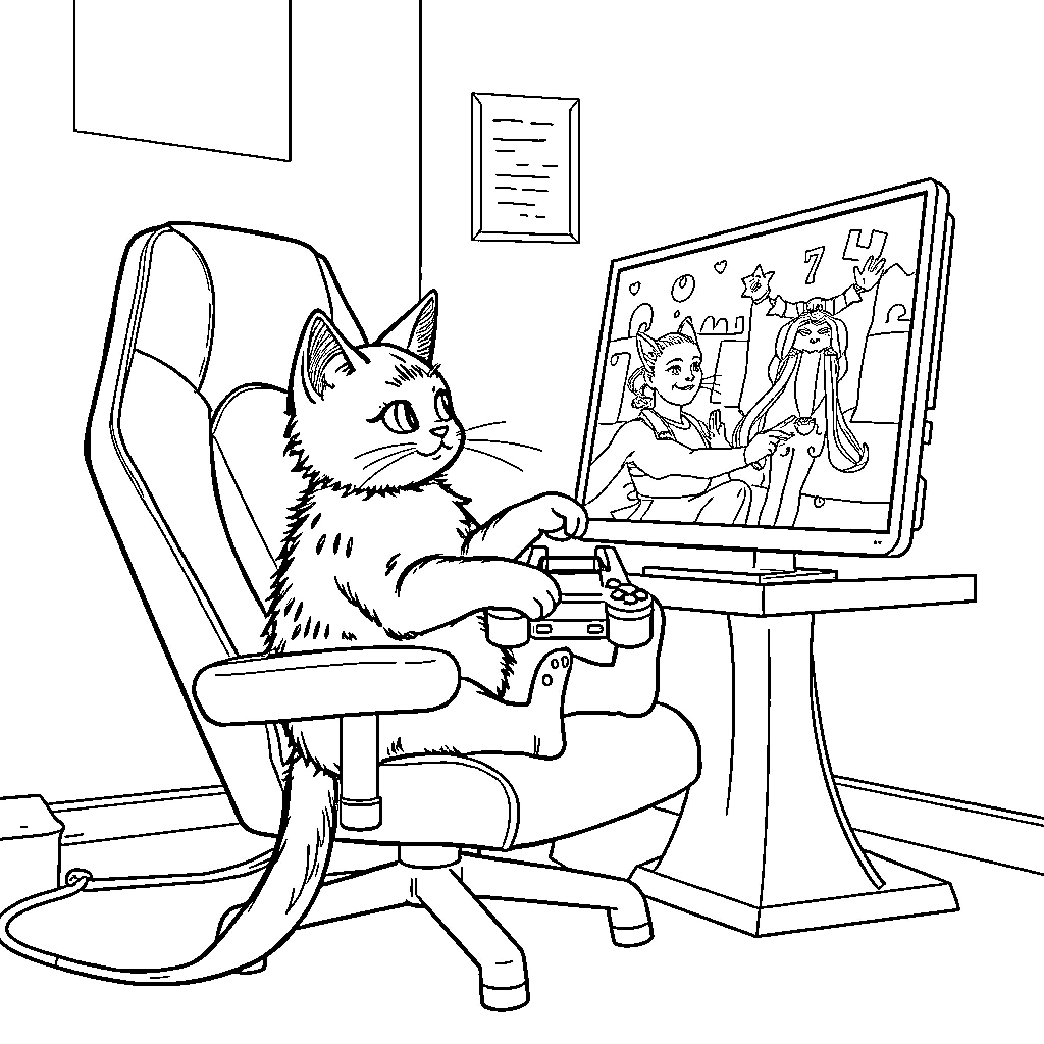 Cat playing video games at desk Coloring Page (free black-and-white line drawing printable PDF for all, from beginners to advanced learners, including children, teens, adults, and seniors)