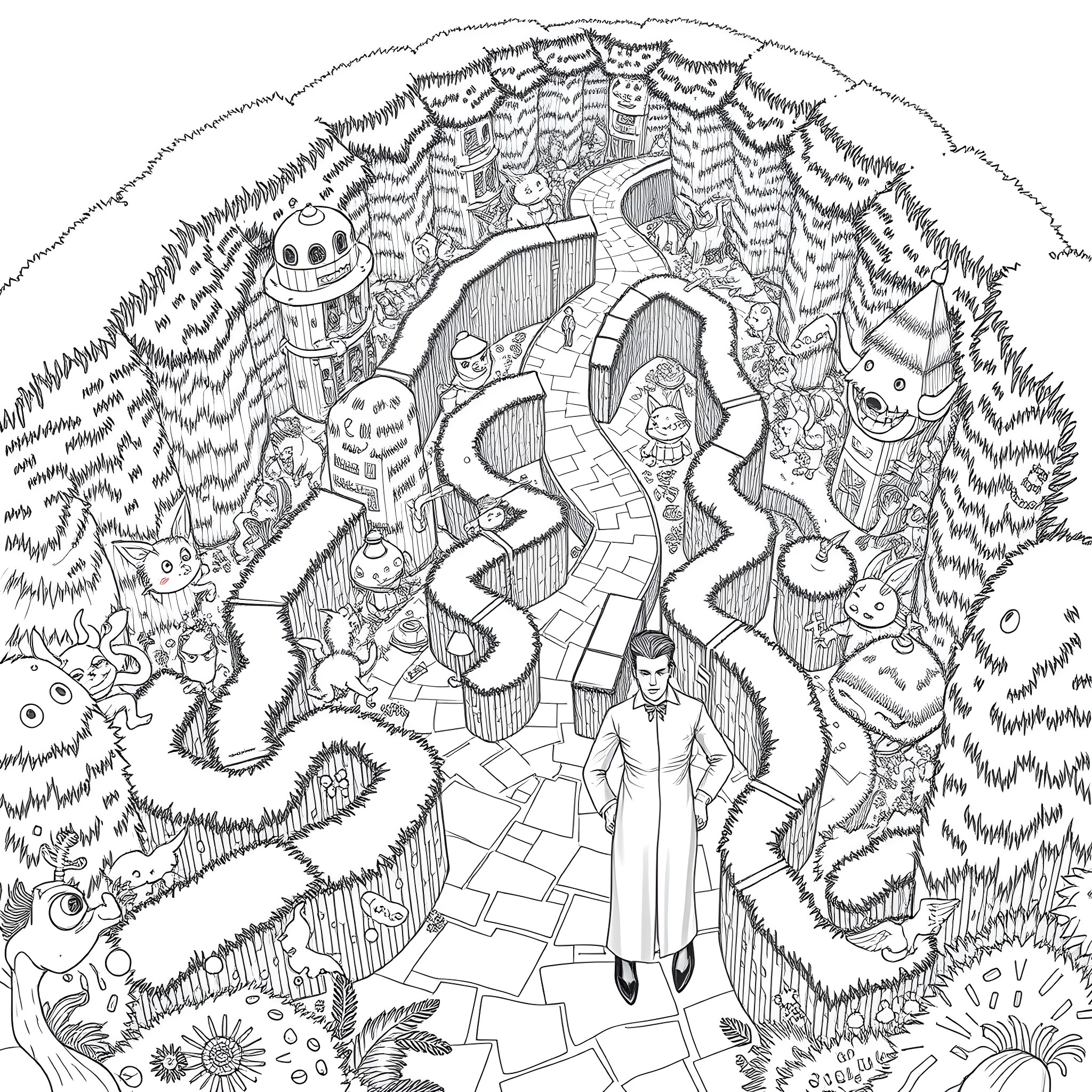 David Bowie Navigating a Surreal, Imaginative Landscape Coloring Page (free black-and-white line drawing printable PDF for all, from beginners to advanced learners, including children, teens, adults, and seniors)