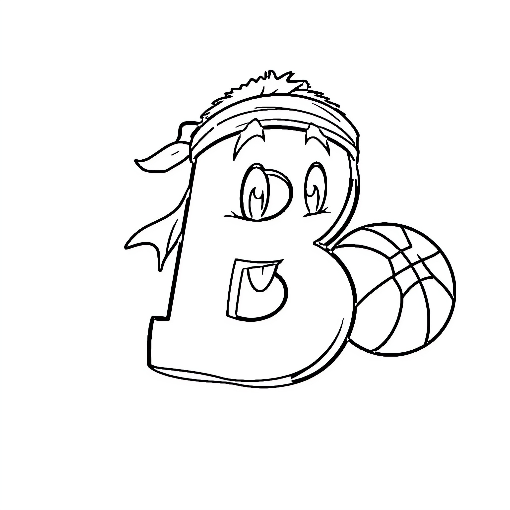 Letter B Dribbling Basketball Playfully Coloring Page (free black-and-white line drawing printable PDF for all, from beginners to advanced learners, including children, teens, adults, and seniors)