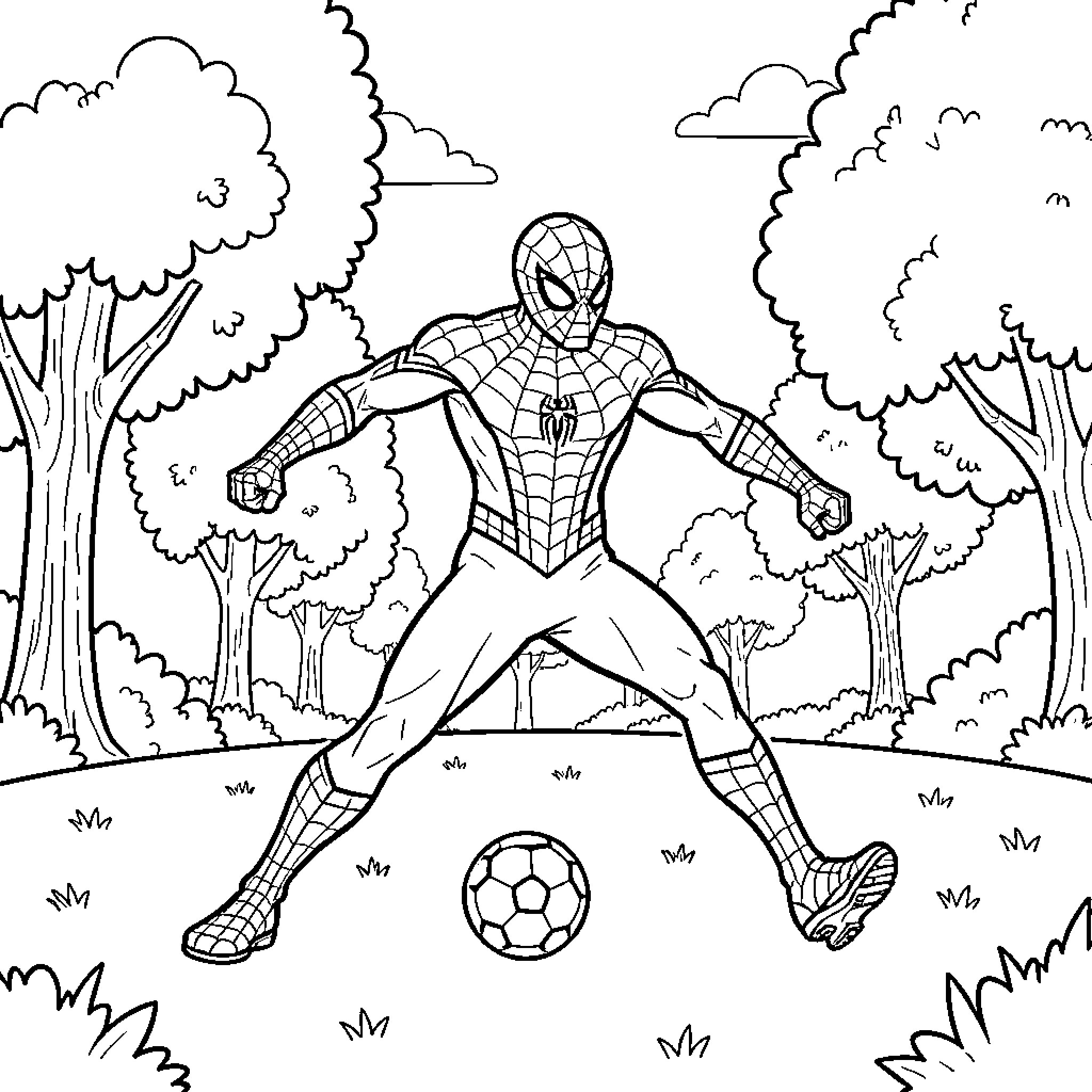 Spiderman posing heroically in a forest setting Coloring Page (free black-and-white line drawing printable PDF for all, from beginners to advanced learners, including children, teens, adults, and seniors)