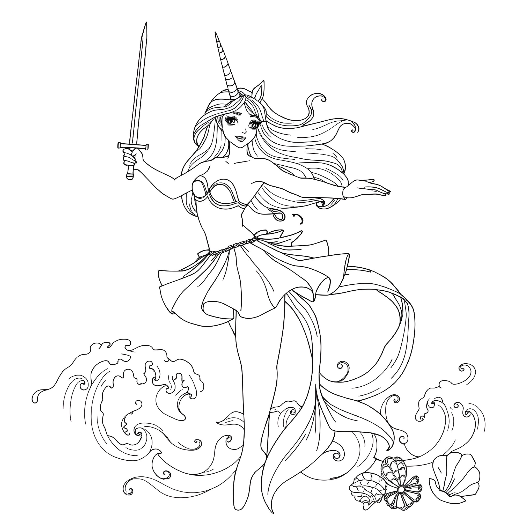 Unicorn warrior princess brandishing sword Coloring Page (free black-and-white line drawing printable PDF for all, from beginners to advanced learners, including children, teens, adults, and seniors)