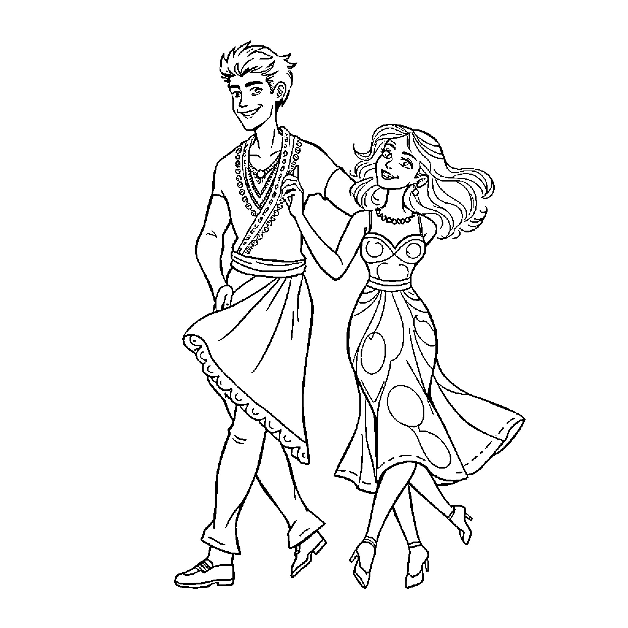 Romani couple dancing in traditional attire Coloring Page (free black-and-white line drawing printable PDF for all, from beginners to advanced learners, including children, teens, adults, and seniors)