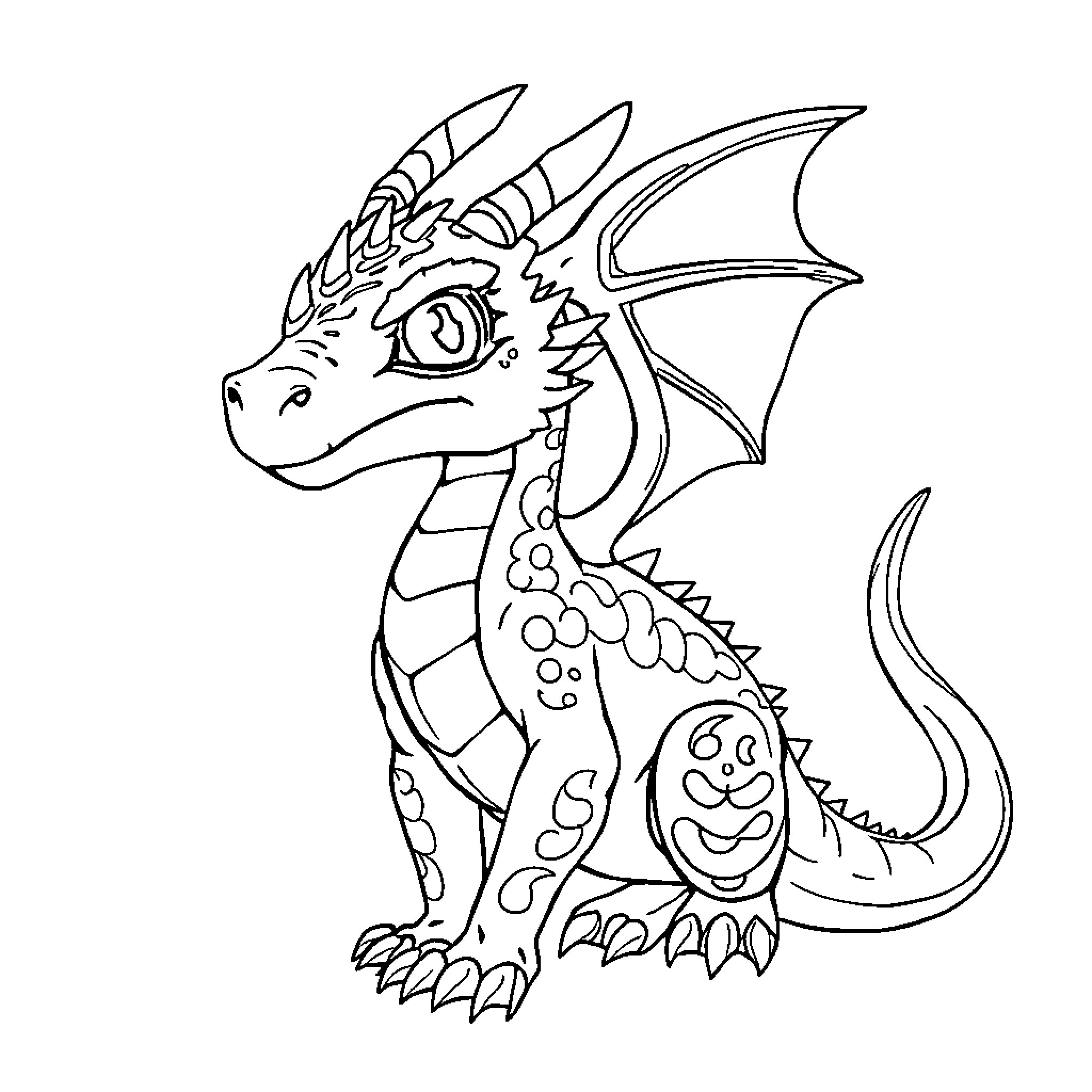 Dragon with Distinctive Features Sitting Contentedly Coloring Page (free black-and-white line drawing printable PDF for all, from beginners to advanced learners, including children, teens, adults, and seniors)