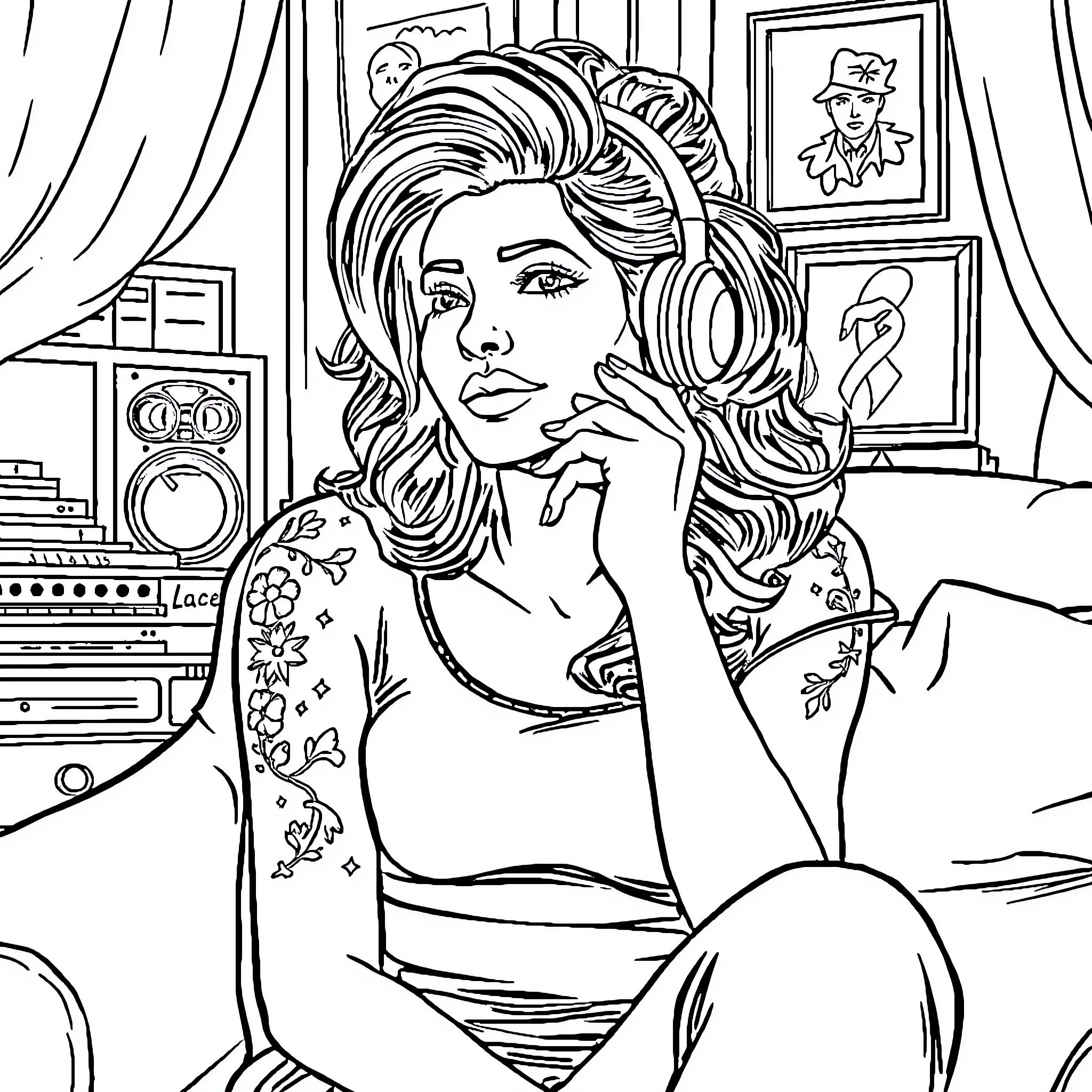 Amy Winehouse Contemplating in a Music-Filled Room Coloring Page (free black-and-white line drawing printable PDF for all, from beginners to advanced learners, including children, teens, adults, and seniors)