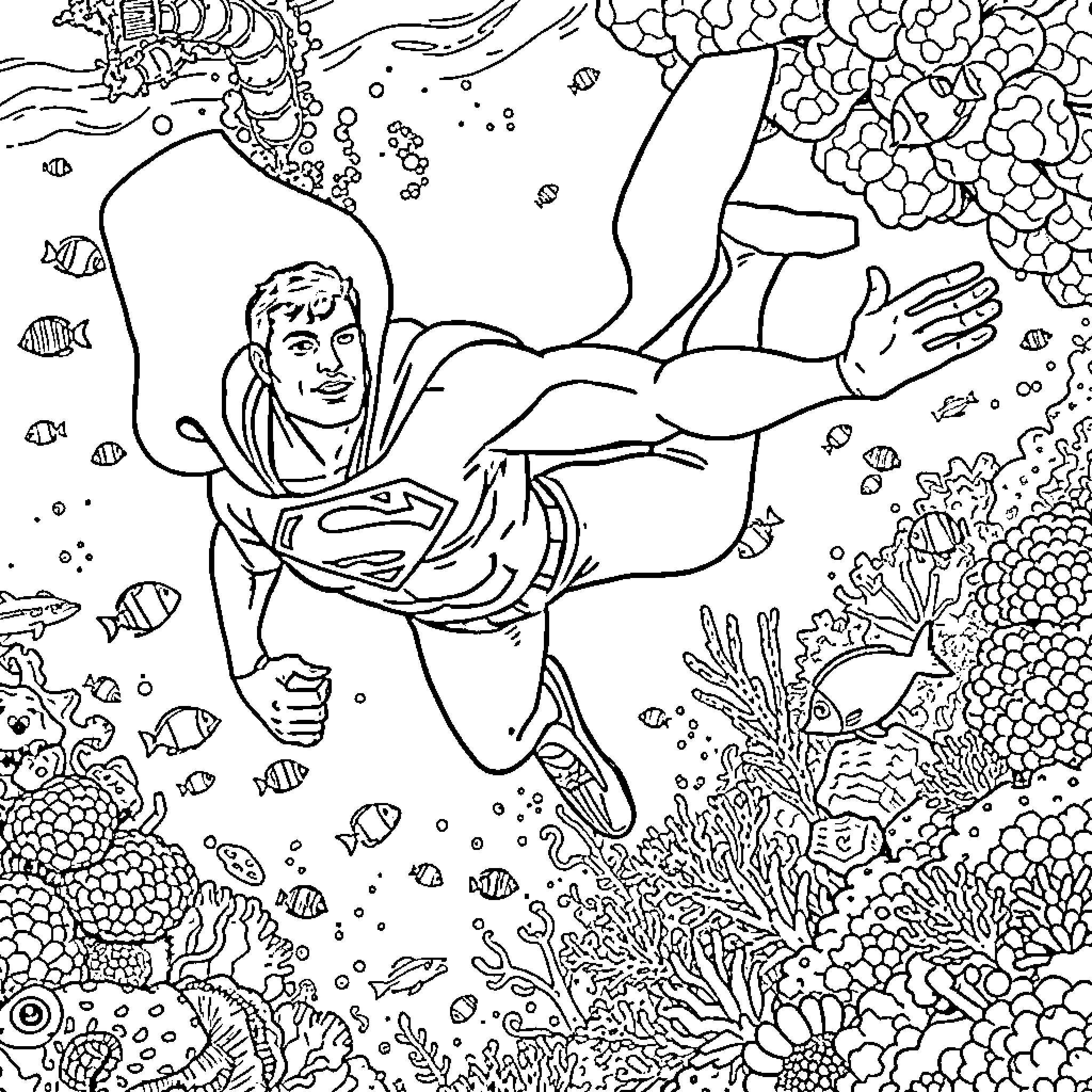Superman exploring the underwater world Coloring Page (free black-and-white line drawing printable PDF for all, from beginners to advanced learners, including children, teens, adults, and seniors)