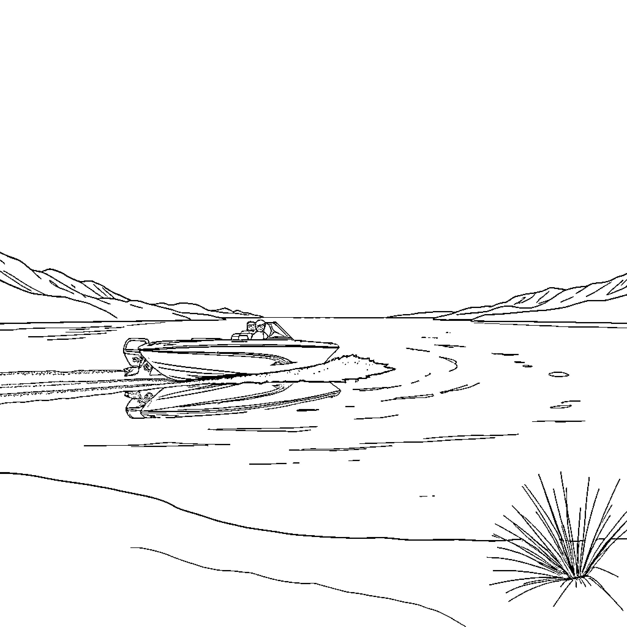 Boat speeding across scenic lake surrounded by mountains Coloring Page (free black-and-white line drawing printable PDF for all, from beginners to advanced learners, including children, teens, adults, and seniors)
