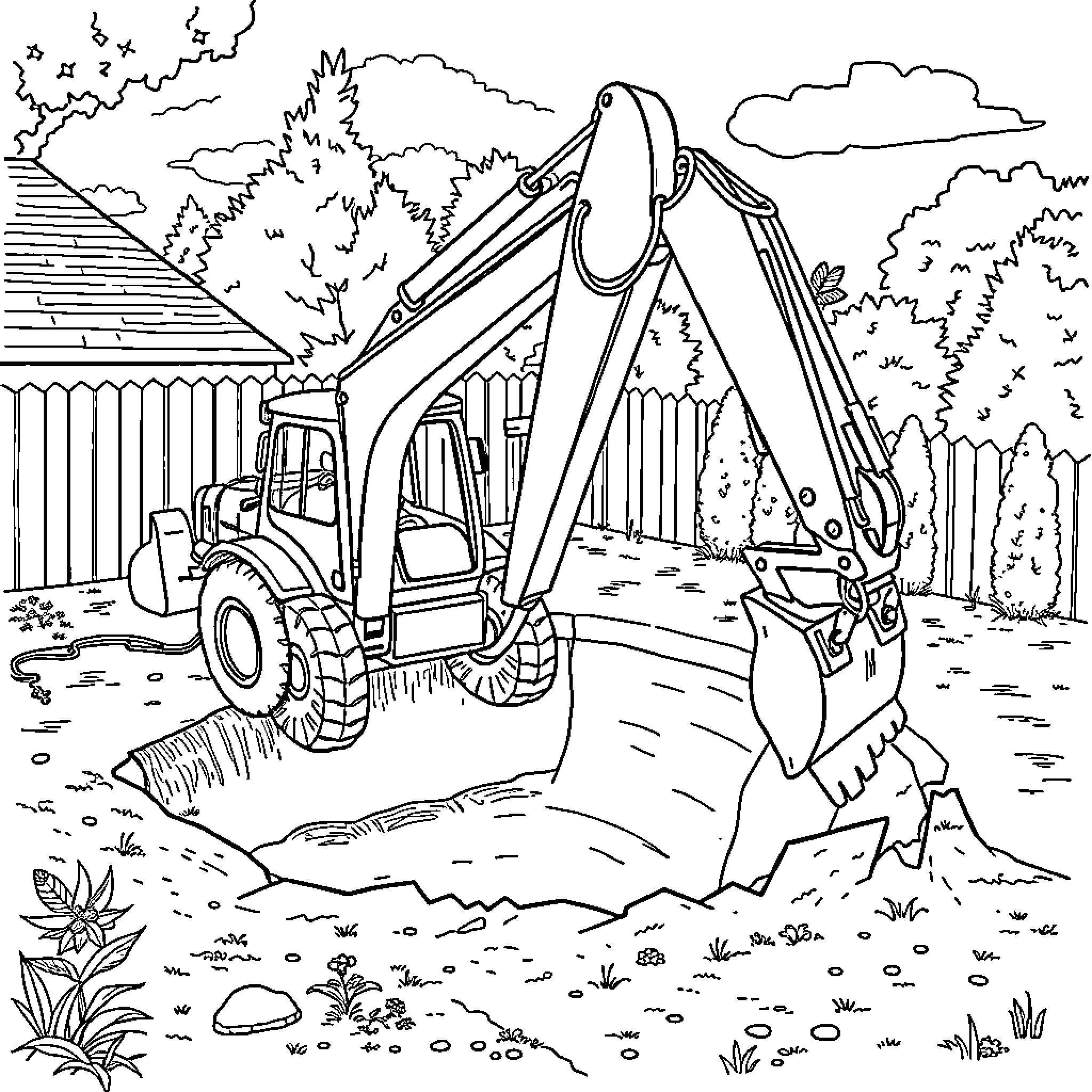 Backhoe digging in the countryside Coloring Page (free black-and-white line drawing printable PDF for all, from beginners to advanced learners, including children, teens, adults, and seniors)