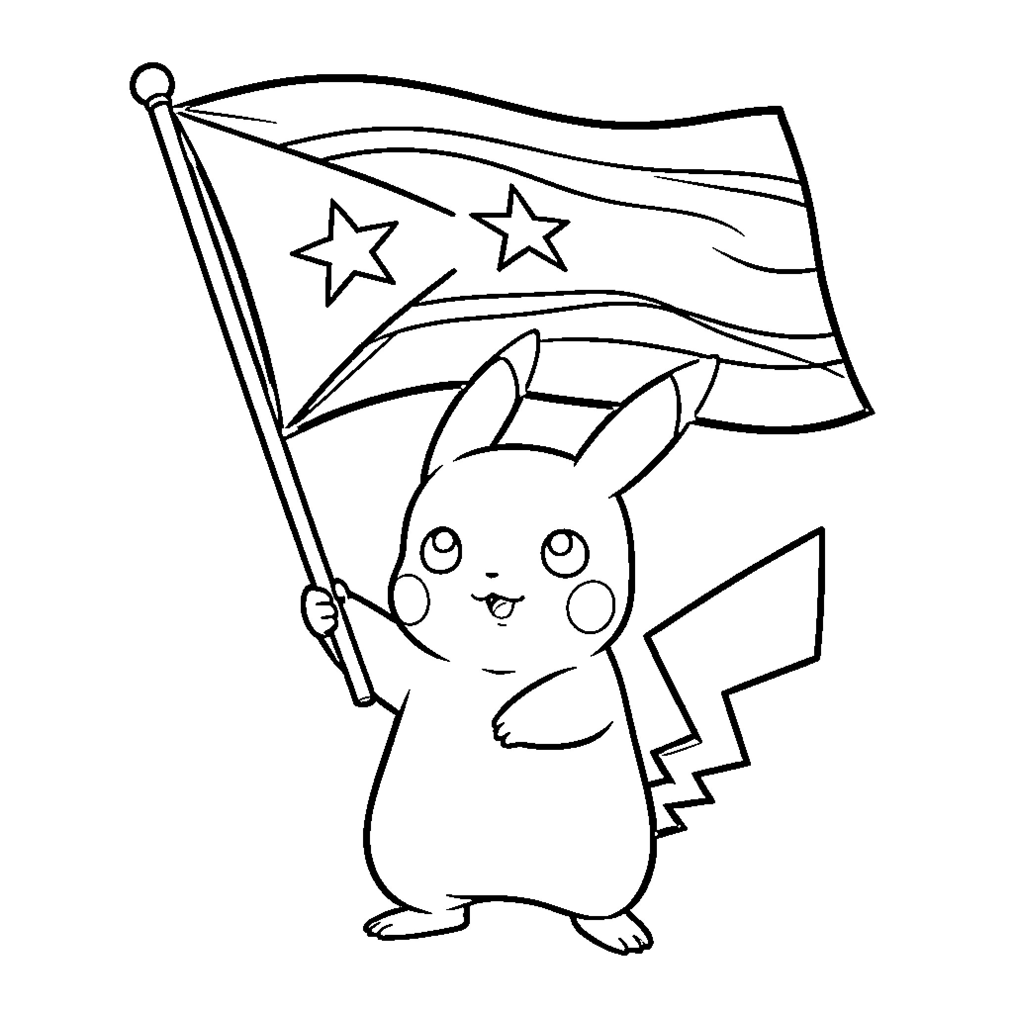 Pikachu waving a flag with stars Coloring Page (free black-and-white line drawing printable PDF for all, from beginners to advanced learners, including children, teens, adults, and seniors)