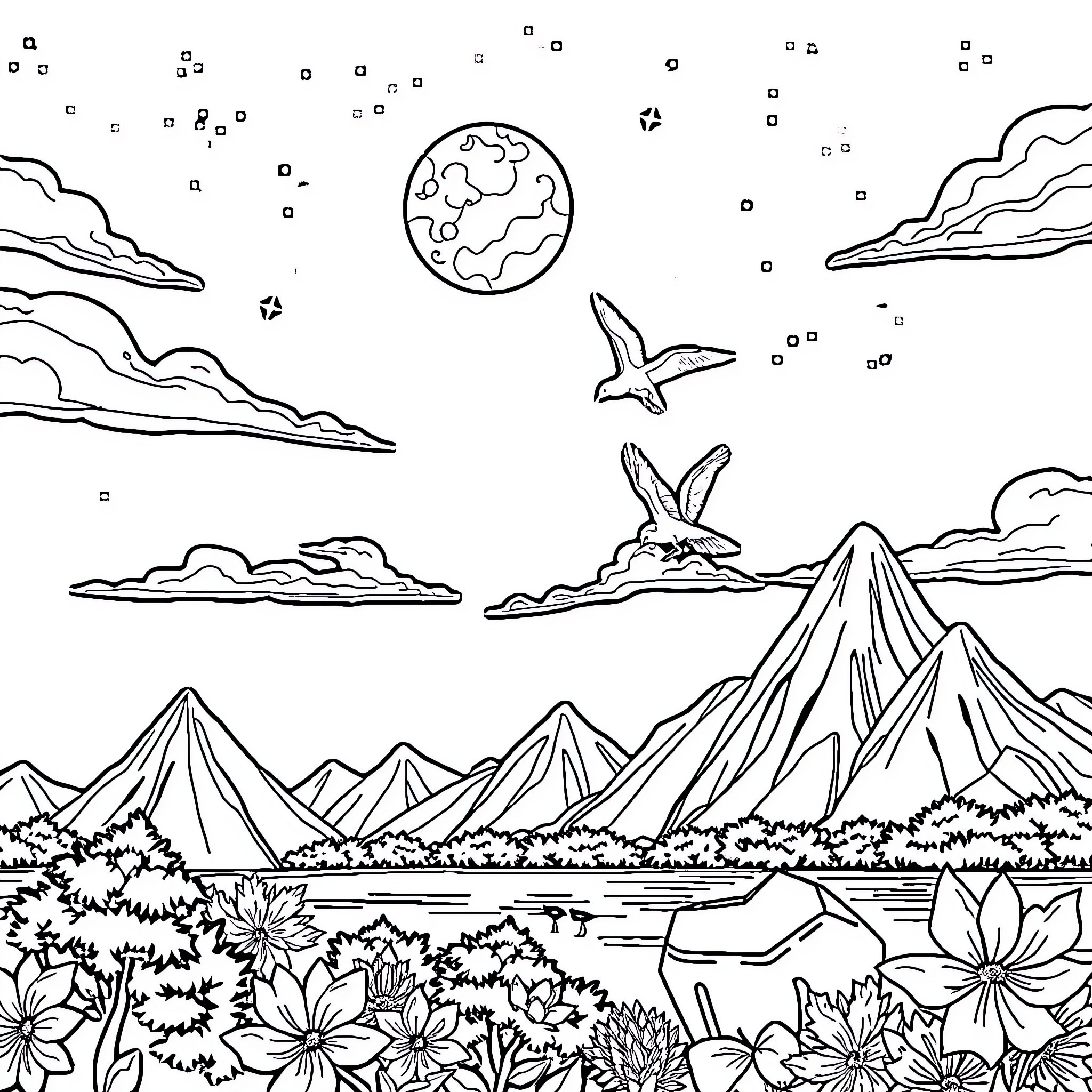 Shooting Star Illuminates Night Sky Above Mountainous Landscape Coloring Page (free black-and-white line drawing printable PDF for all, from beginners to advanced learners, including children, teens, adults, and seniors)
