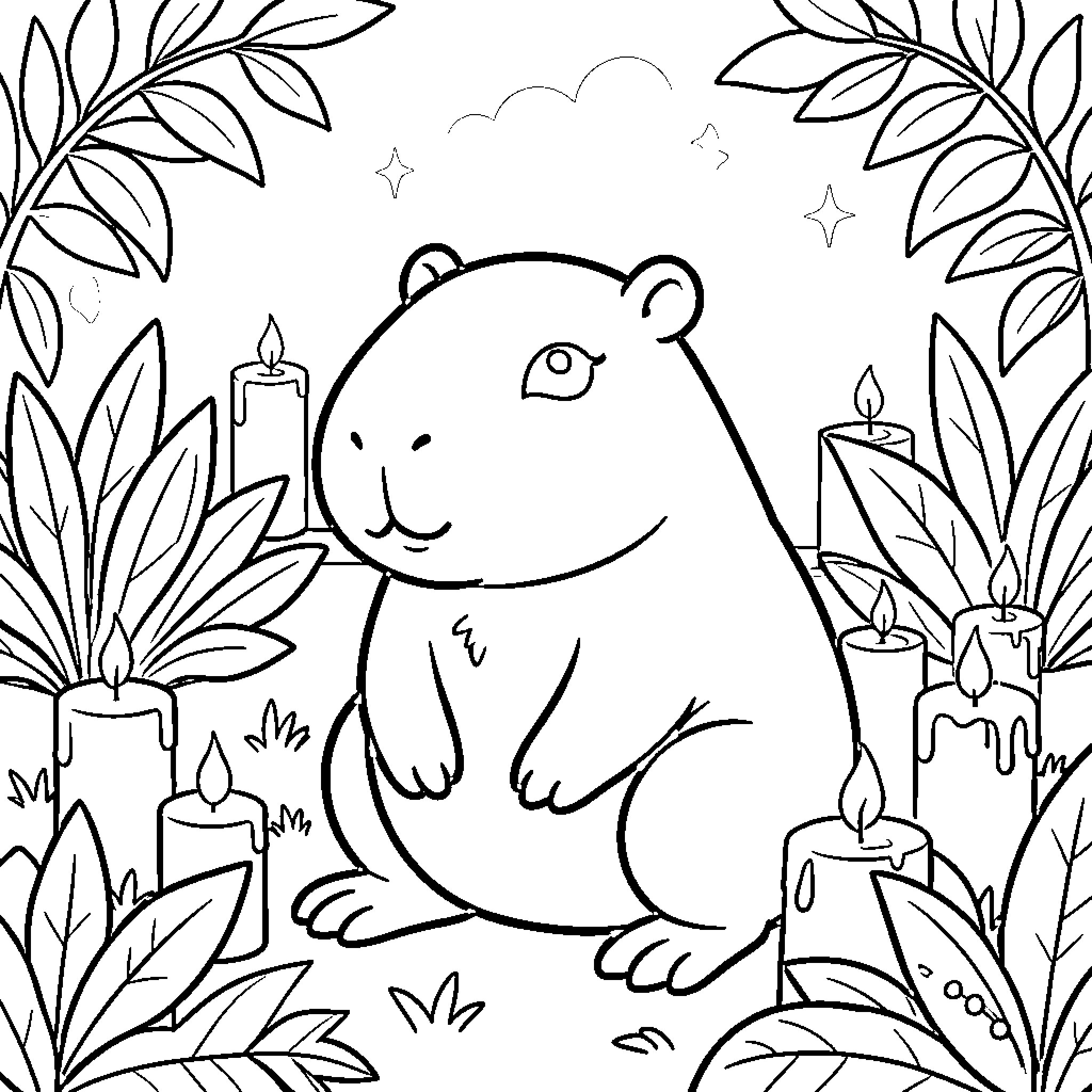 Capybara surrounded by candles and plants Coloring Page (free black-and-white line drawing printable PDF for all, from beginners to advanced learners, including children, teens, adults, and seniors)