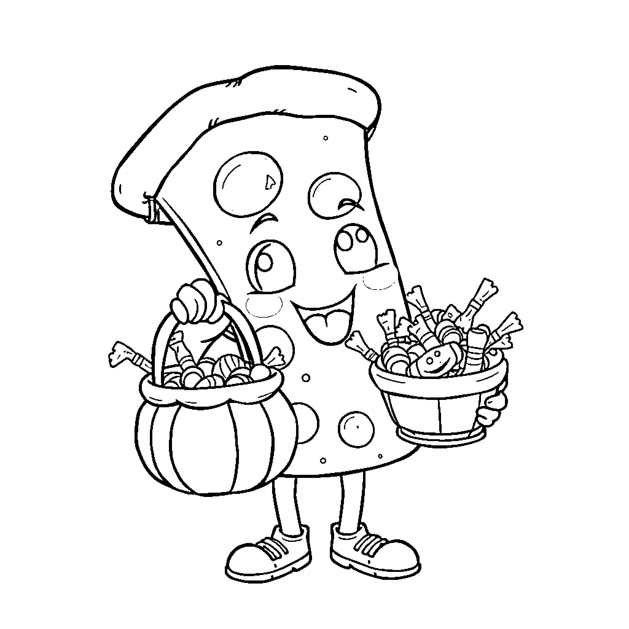 Pizza Character Holding Halloween Treats Coloring Page (free black-and-white line drawing printable PDF for all, from beginners to advanced learners, including children, teens, adults, and seniors)