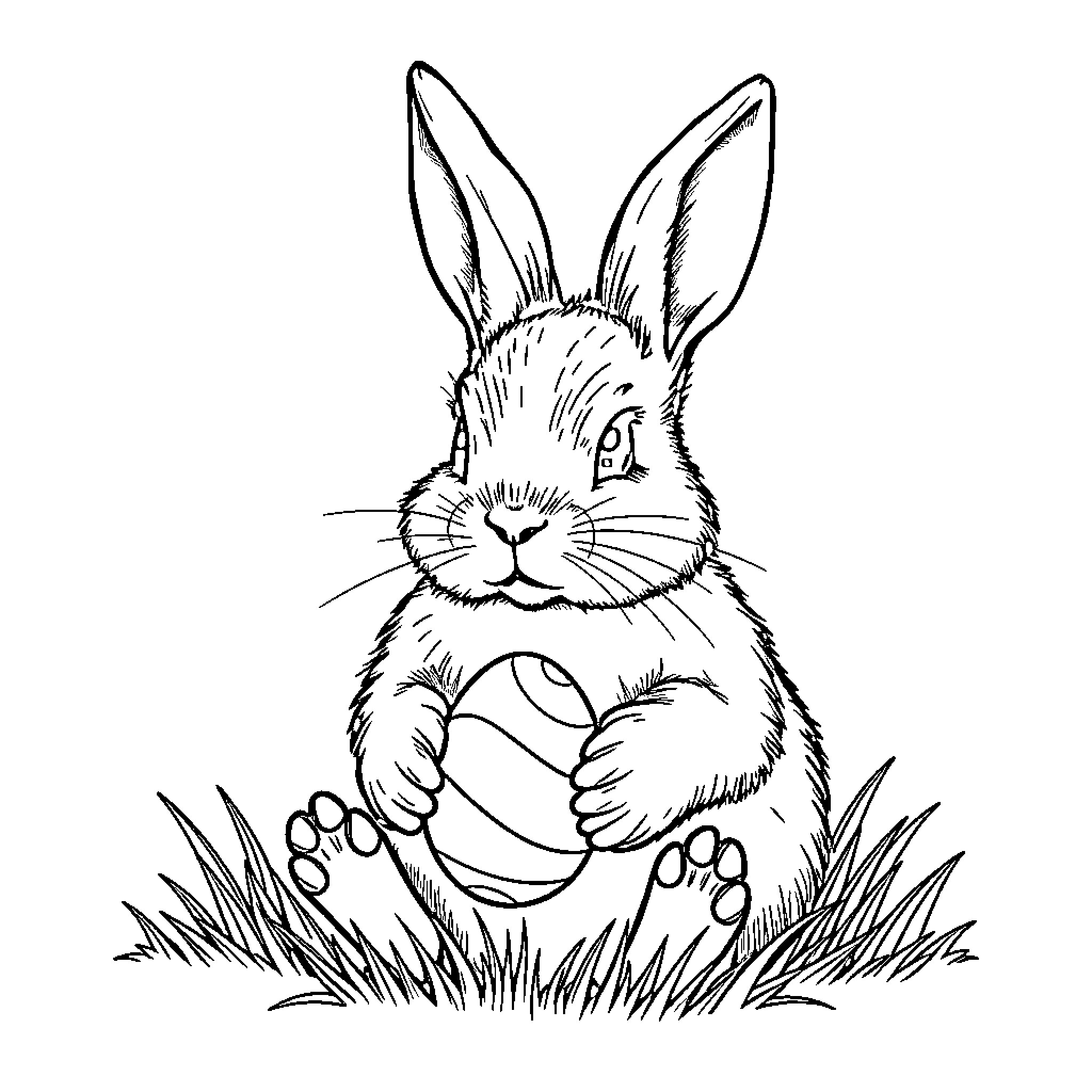 Bunny relaxing with Easter egg in grass Coloring Page (free black-and-white line drawing printable PDF for all, from beginners to advanced learners, including children, teens, adults, and seniors)
