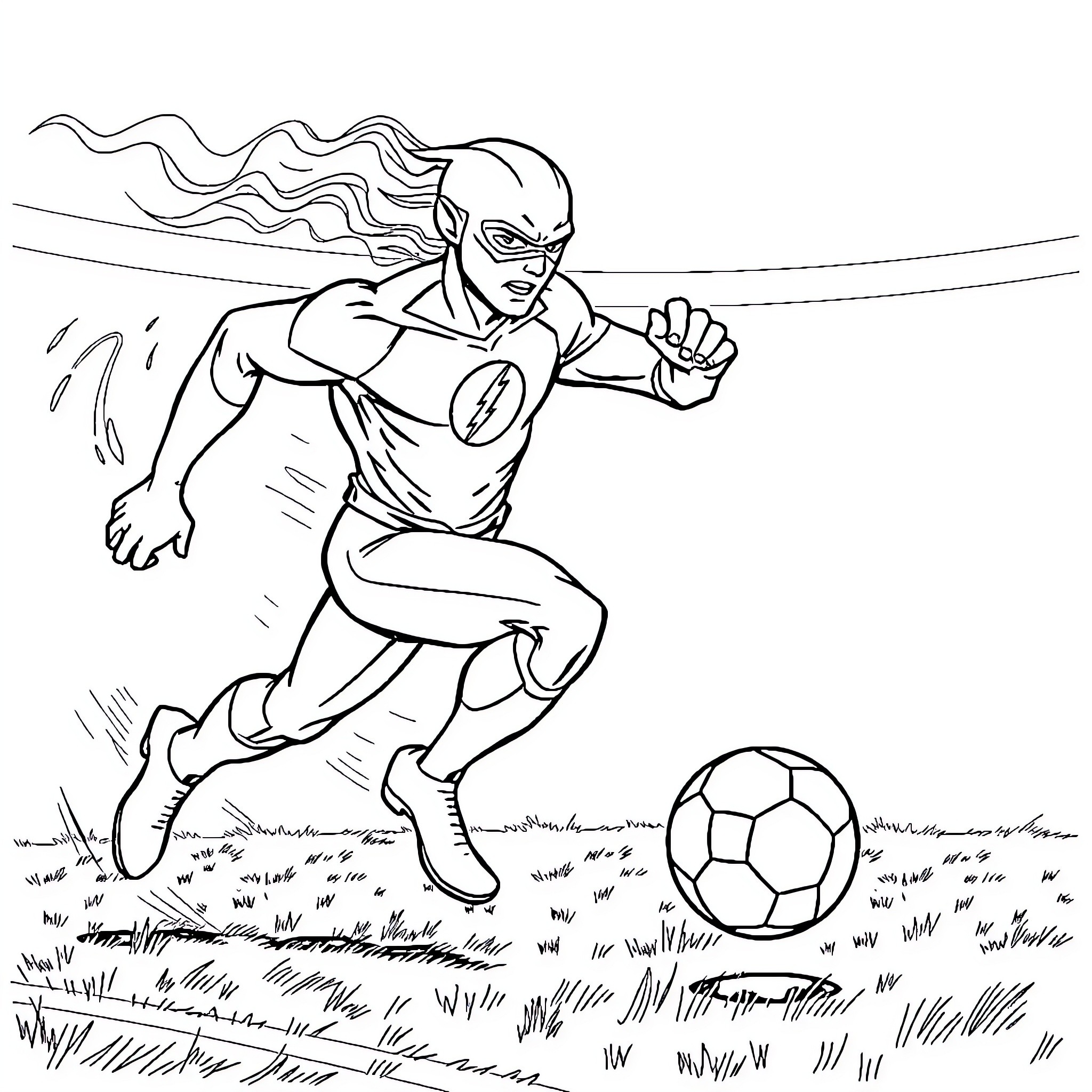 Flash sprinting towards soccer ball on field Coloring Page (free black-and-white line drawing printable PDF for all, from beginners to advanced learners, including children, teens, adults, and seniors)