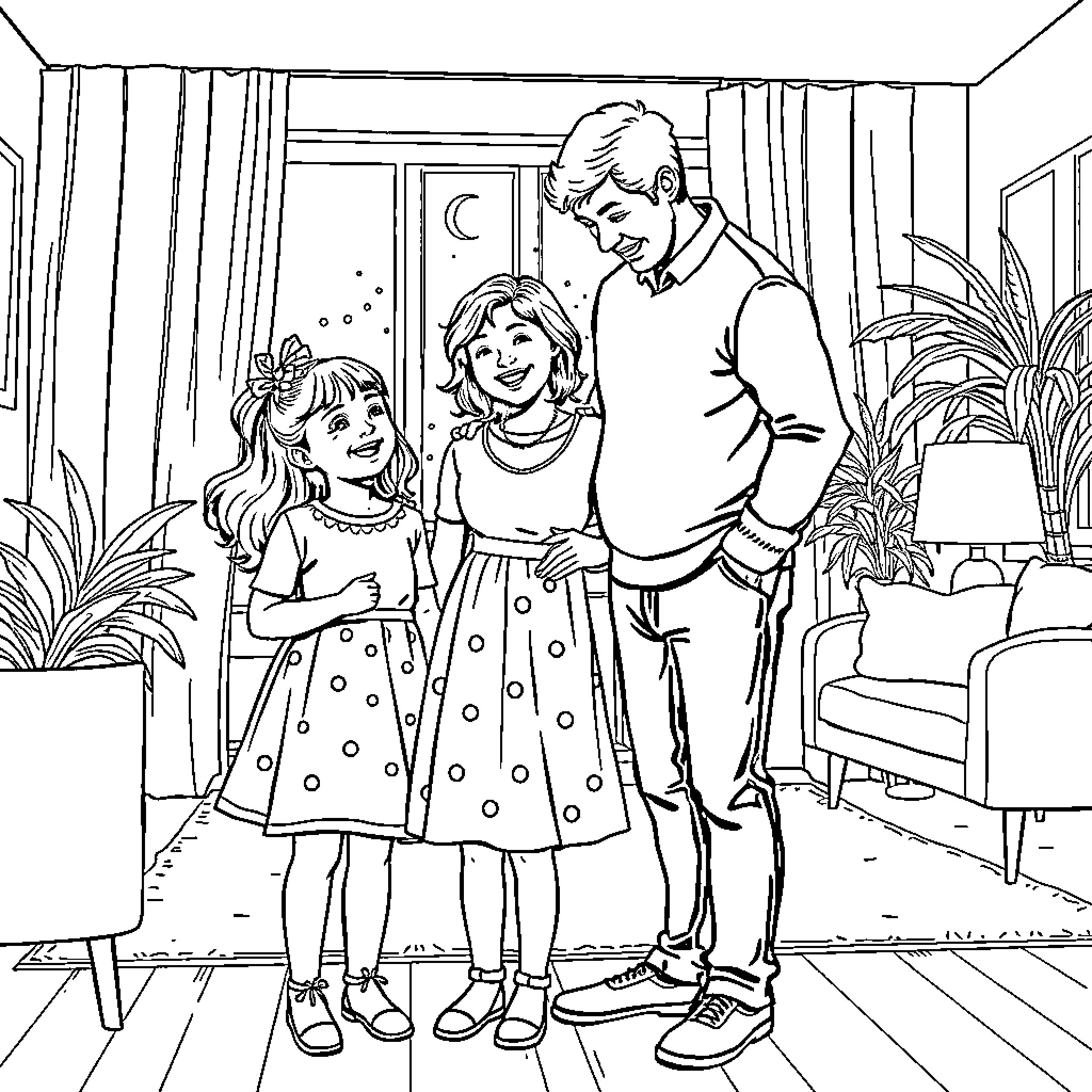 Girl and Family Spending Quality Time Together Coloring Page (free black-and-white line drawing printable PDF for all, from beginners to advanced learners, including children, teens, adults, and seniors)