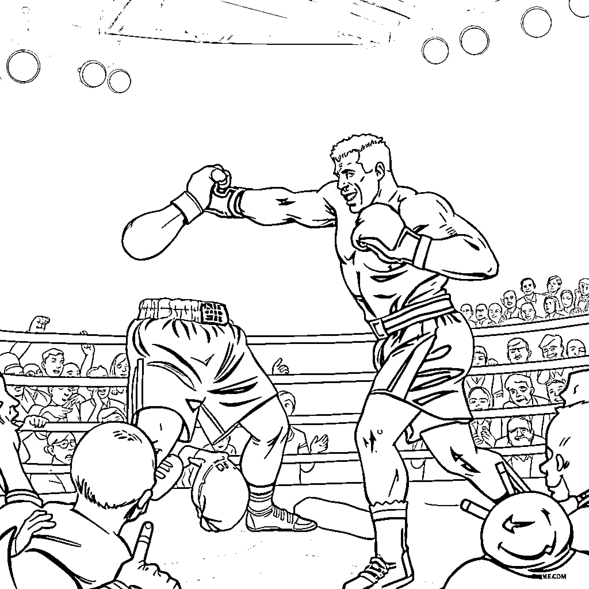 Mike Tyson's Fierce Boxing Match with Opponent Coloring Page (free black-and-white line drawing printable PDF for all, from beginners to advanced learners, including children, teens, adults, and seniors)