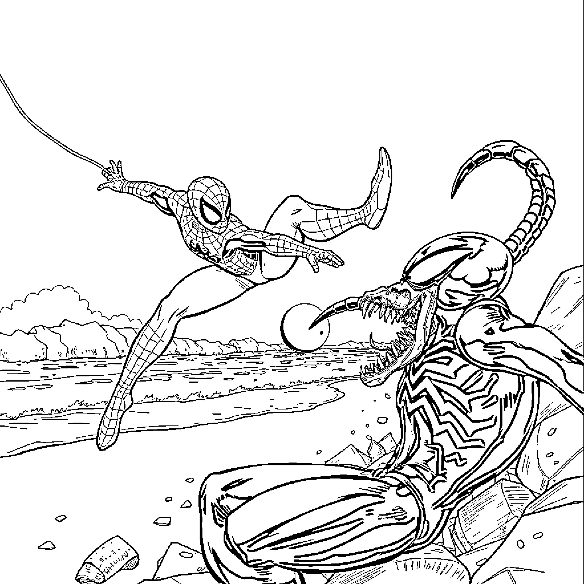 Spiderman battles a monstrous foe on the beach Coloring Page (free black-and-white line drawing printable PDF for all, from beginners to advanced learners, including children, teens, adults, and seniors)