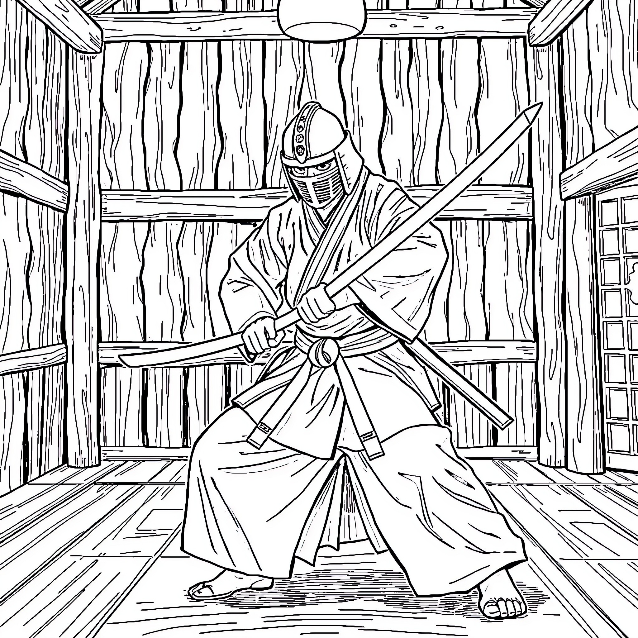 Samurai warrior stands ready with sword in traditional attire Coloring Page (free black-and-white line drawing printable PDF for all, from beginners to advanced learners, including children, teens, adults, and seniors)