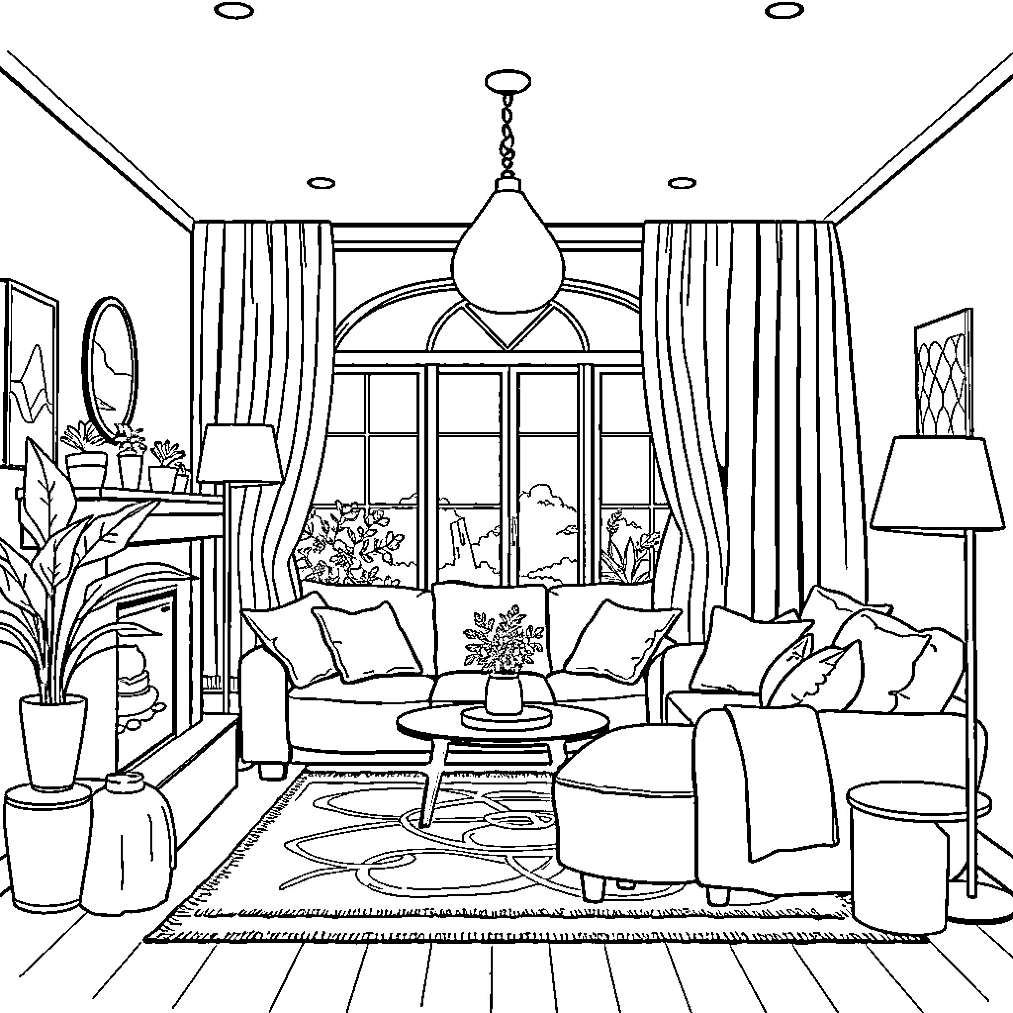 Rumy's Cozy Living Room Sanctuary Coloring Page (free black-and-white line drawing printable PDF for all, from beginners to advanced learners, including children, teens, adults, and seniors)