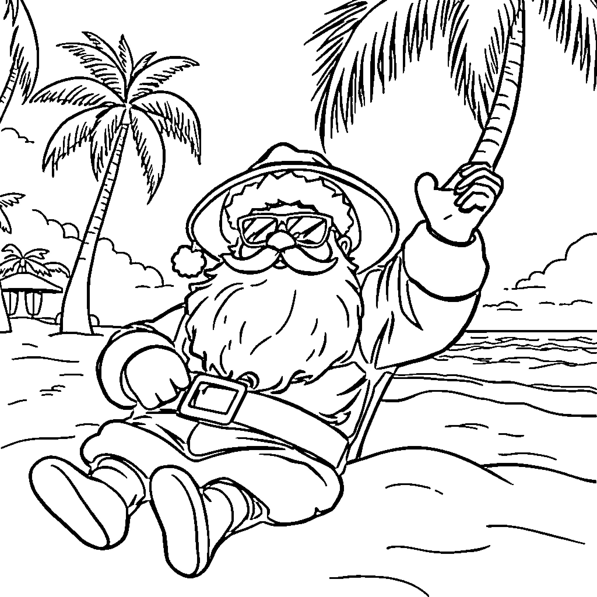 Santa Claus enjoying a tropical vacation Coloring Page (free black-and-white line drawing printable PDF for all, from beginners to advanced learners, including children, teens, adults, and seniors)