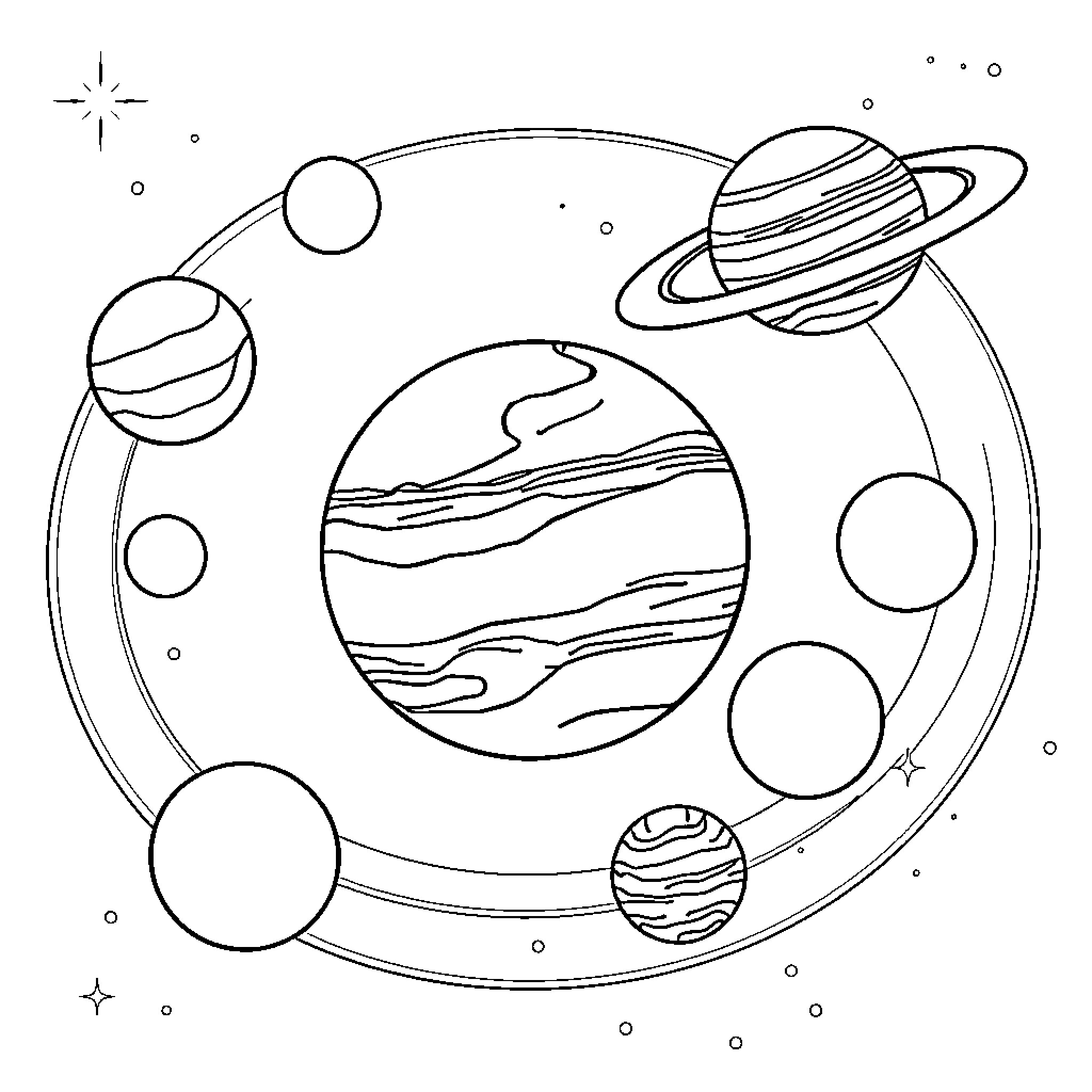 Planet Solar System with Celestial Objects Coloring Page (free black-and-white line drawing printable PDF for all, from beginners to advanced learners, including children, teens, adults, and seniors)