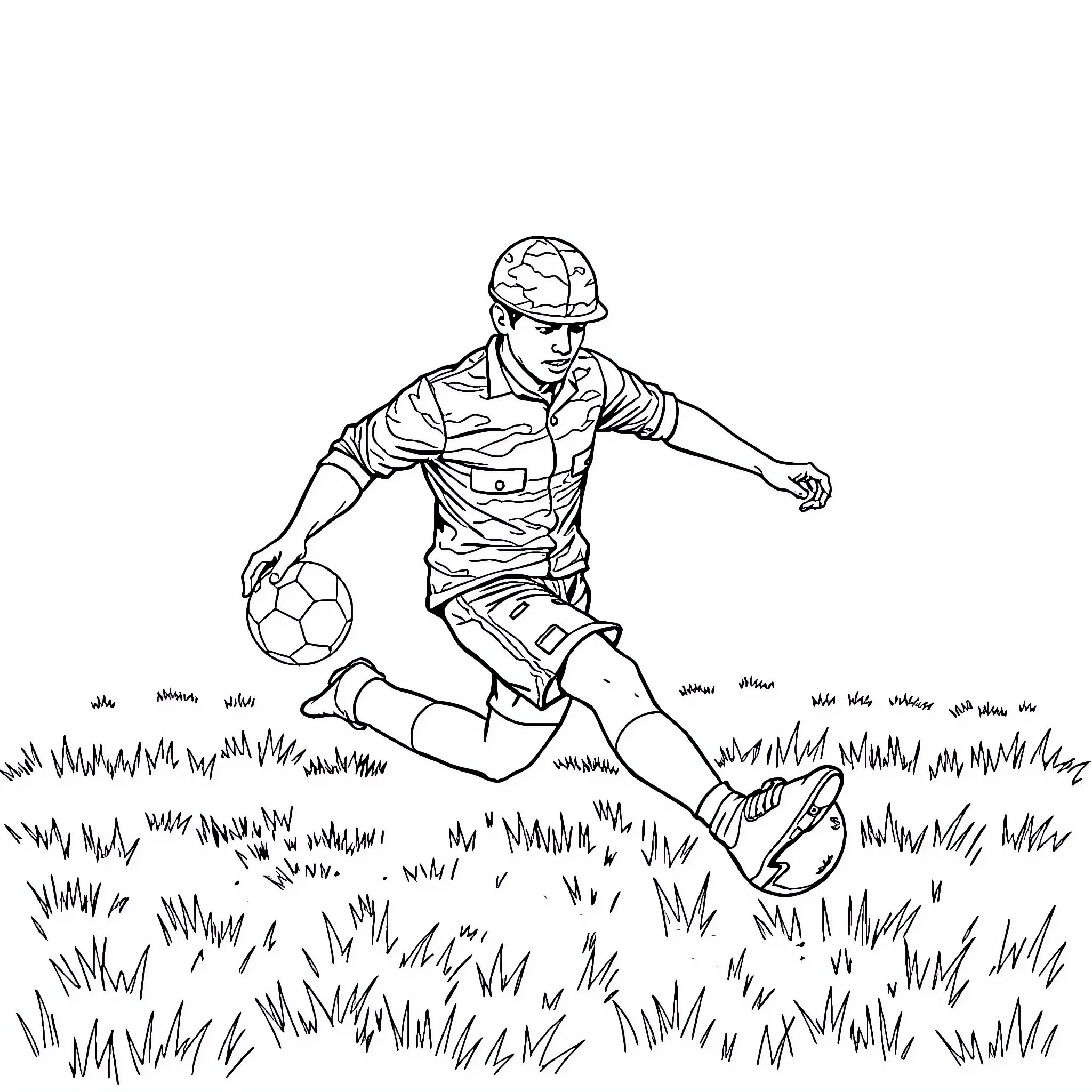 Army Guy Kicking Soccer Ball on Grassy Field Coloring Page (free black-and-white line drawing printable PDF for all, from beginners to advanced learners, including children, teens, adults, and seniors)