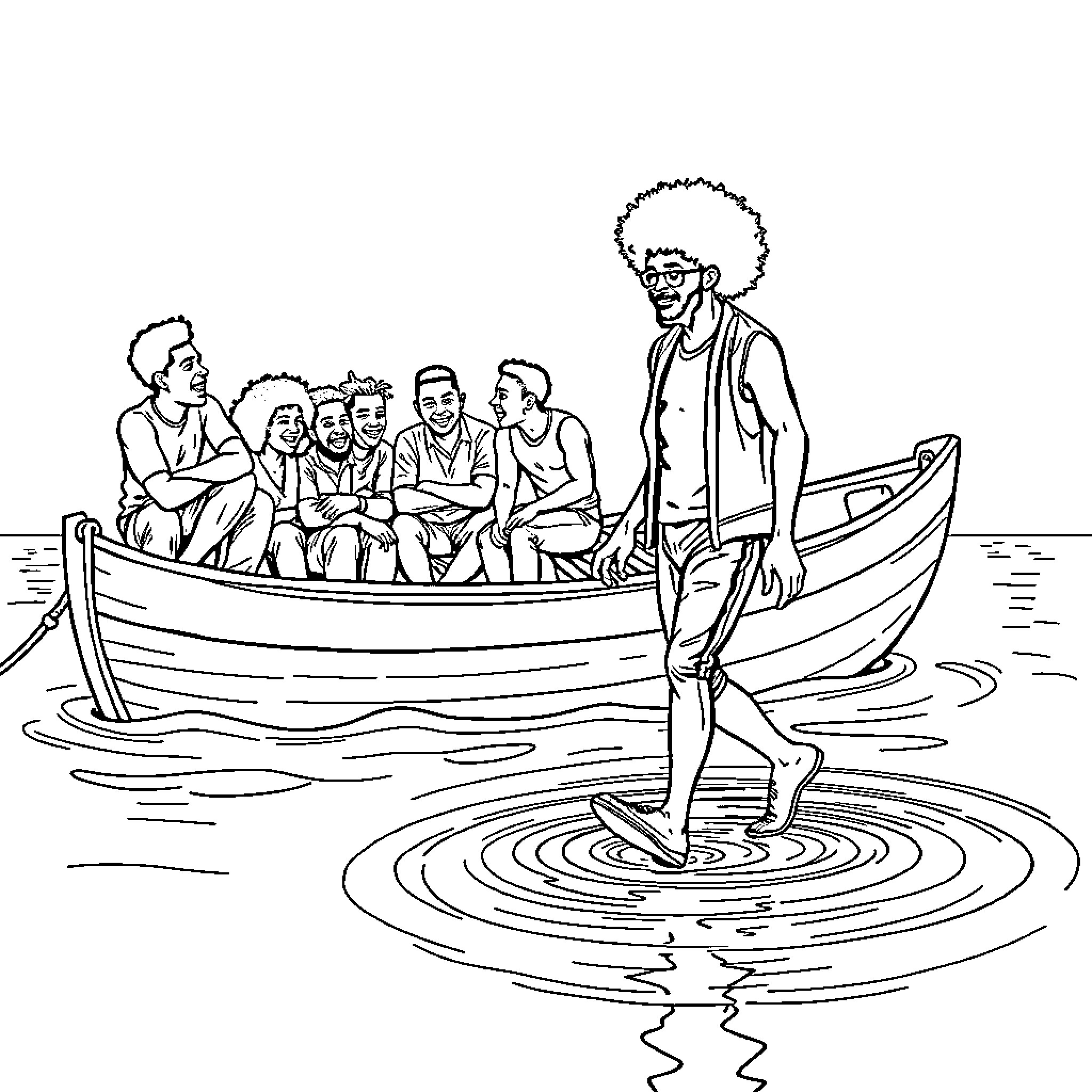 Man helps boat of people on water Coloring Page (free black-and-white line drawing printable PDF for all, from beginners to advanced learners, including children, teens, adults, and seniors)