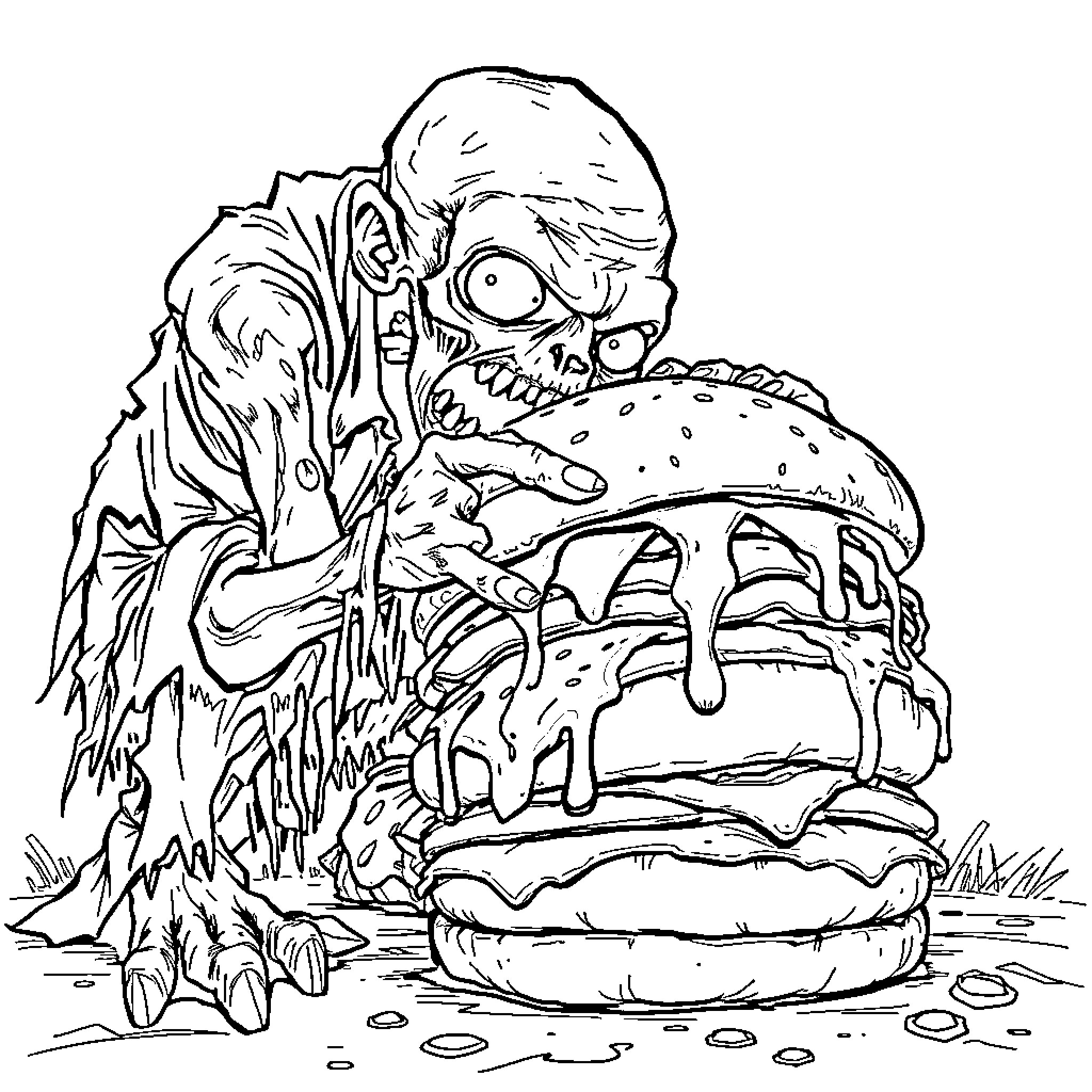 Zombie Devouring a Monstrous Hamburger Coloring Page (free black-and-white line drawing printable PDF for all, from beginners to advanced learners, including children, teens, adults, and seniors)