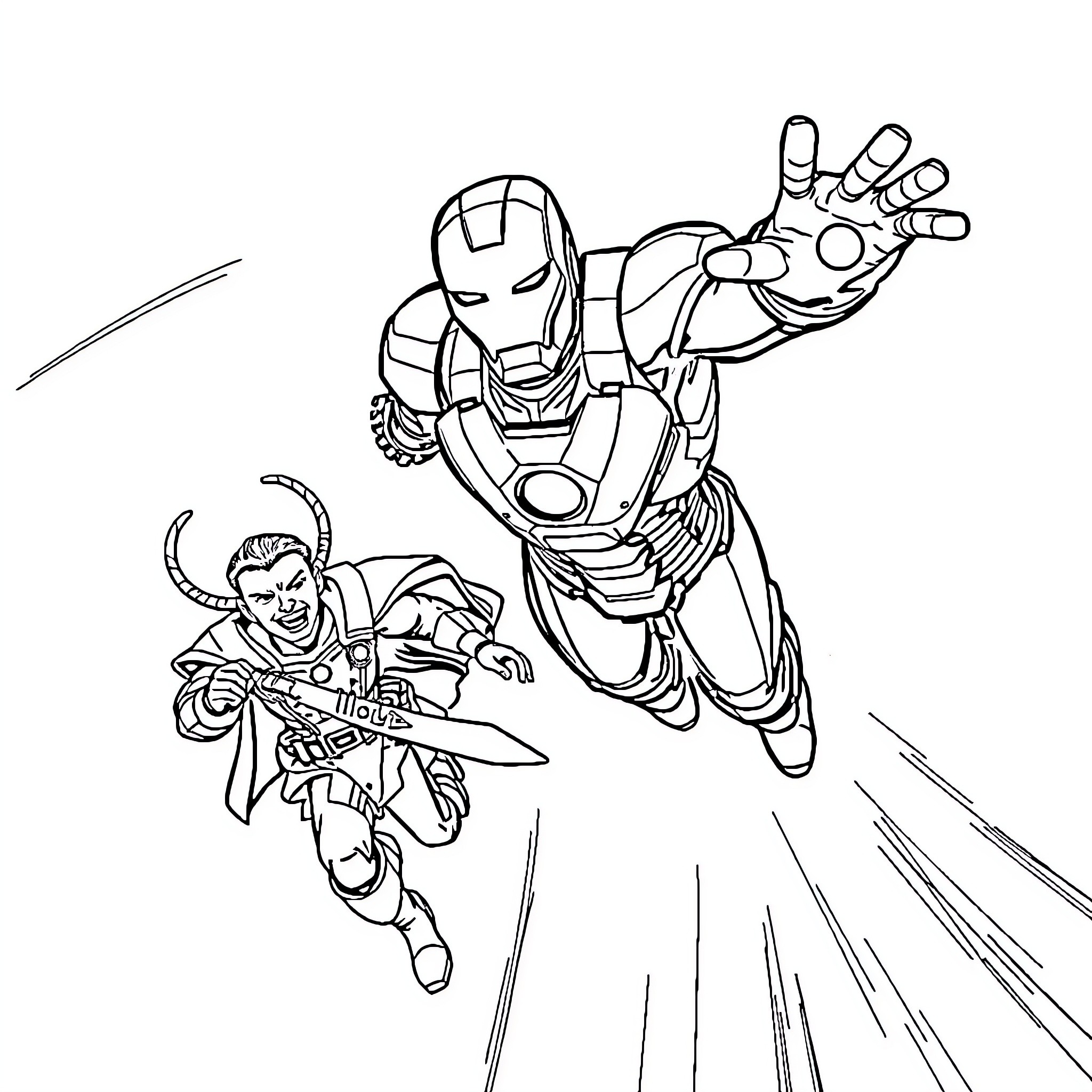 Ironman heroically battling a foe in mid-air Coloring Page (free black-and-white line drawing printable PDF for all, from beginners to advanced learners, including children, teens, adults, and seniors)