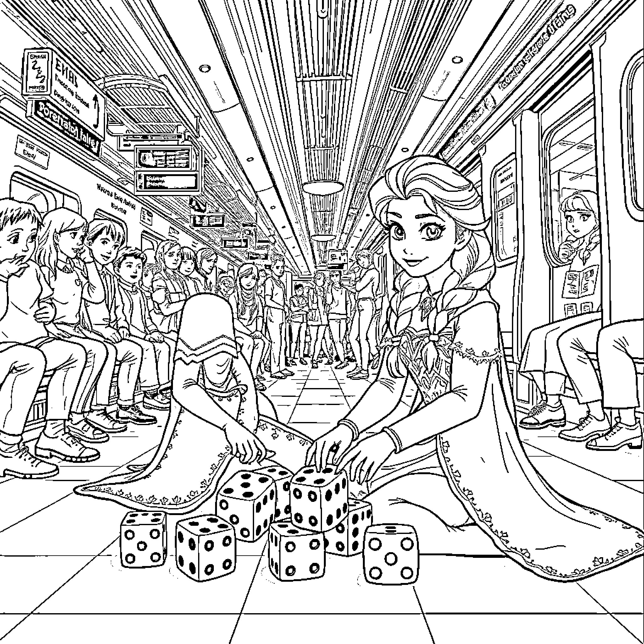Elsa playing dice on a crowded subway train Coloring Page (free black-and-white line drawing printable PDF for all, from beginners to advanced learners, including children, teens, adults, and seniors)