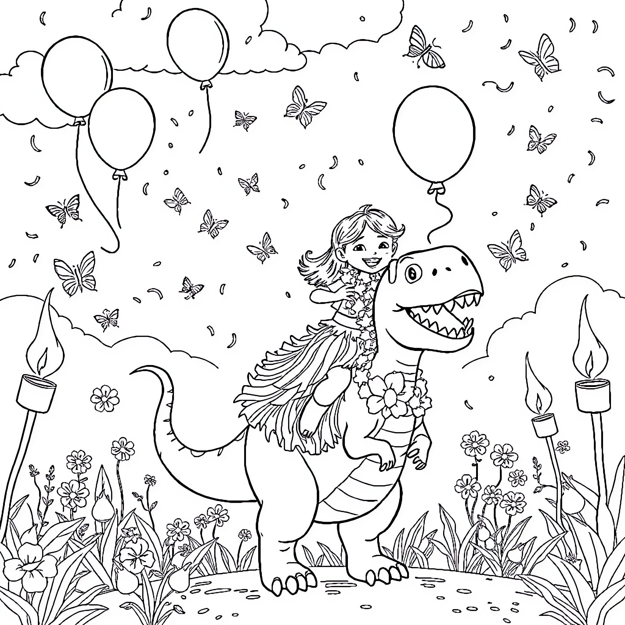Dinosaur girl playing with balloons and butterflies Coloring Page (free black-and-white line drawing printable PDF for all, from beginners to advanced learners, including children, teens, adults, and seniors)
