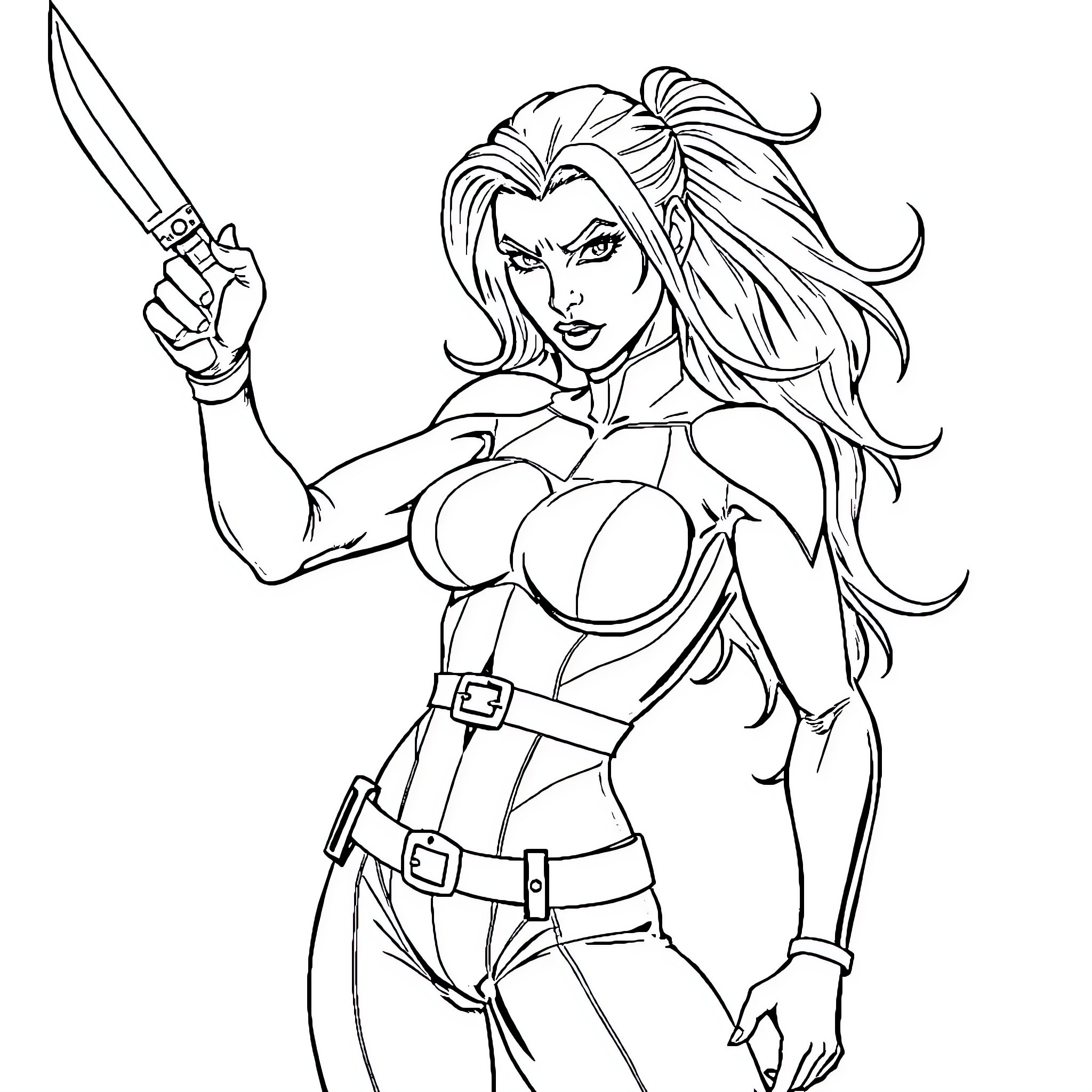 Psylocke in fierce combat pose with sword Coloring Page (free black-and-white line drawing printable PDF for all, from beginners to advanced learners, including children, teens, adults, and seniors)