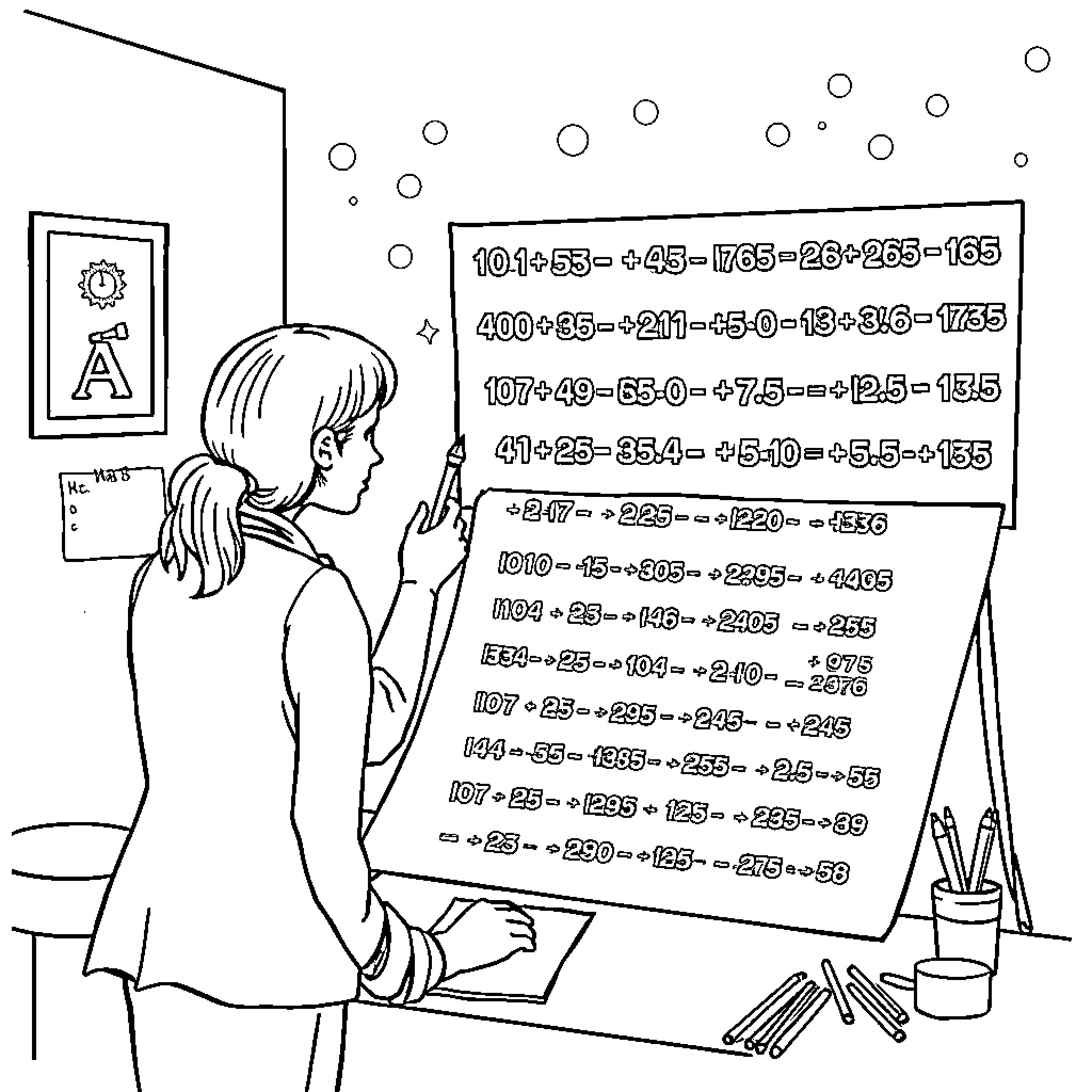 Worksheet with Mathematical Expressions and Calculations Coloring Page (free black-and-white line drawing printable PDF for all, from beginners to advanced learners, including children, teens, adults, and seniors)