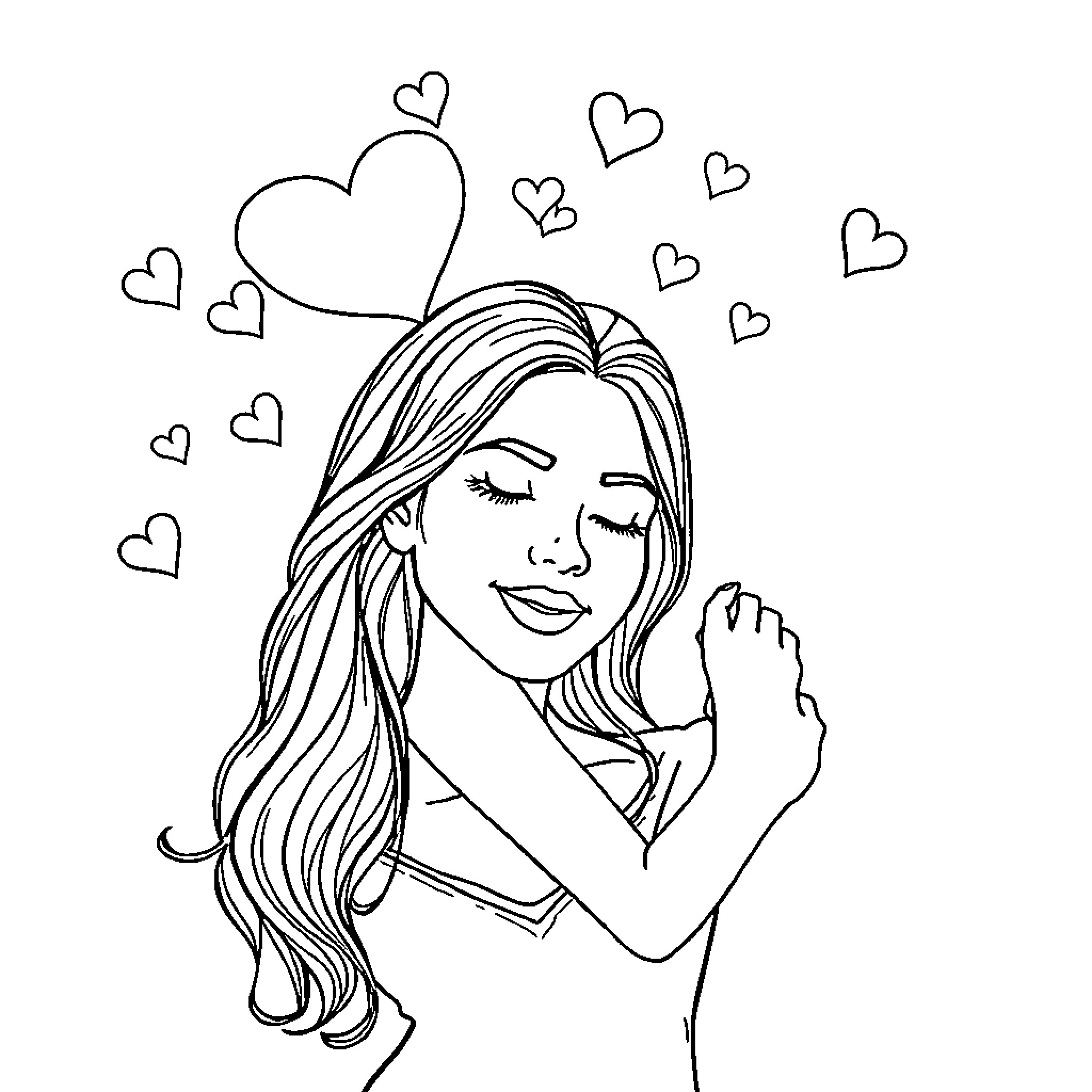 Woman daydreaming with hearts around her Coloring Page (free black-and-white line drawing printable PDF for all, from beginners to advanced learners, including children, teens, adults, and seniors)