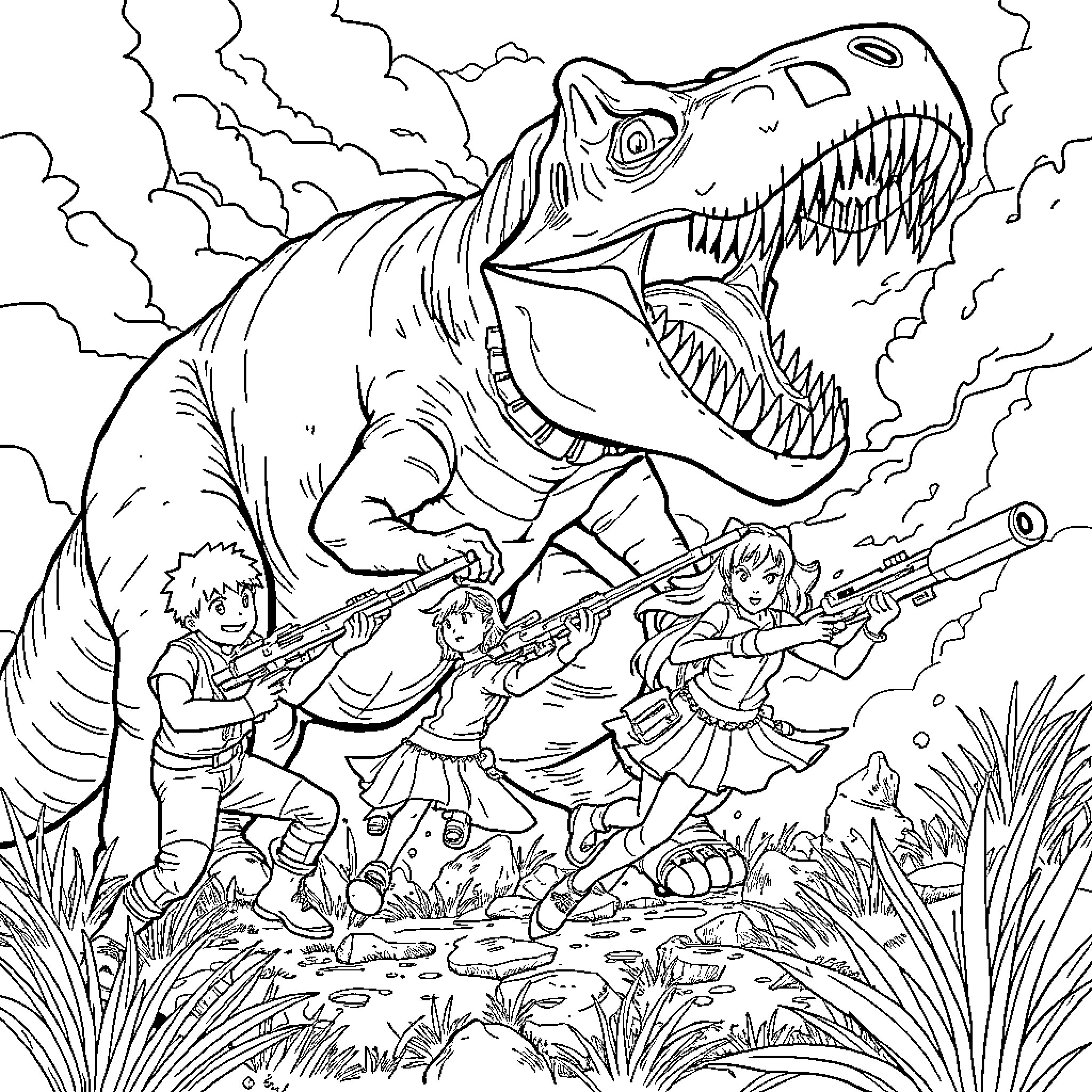 Huntrx: Daring adventurers face a ferocious dinosaur Coloring Page (free black-and-white line drawing printable PDF for all, from beginners to advanced learners, including children, teens, adults, and seniors)