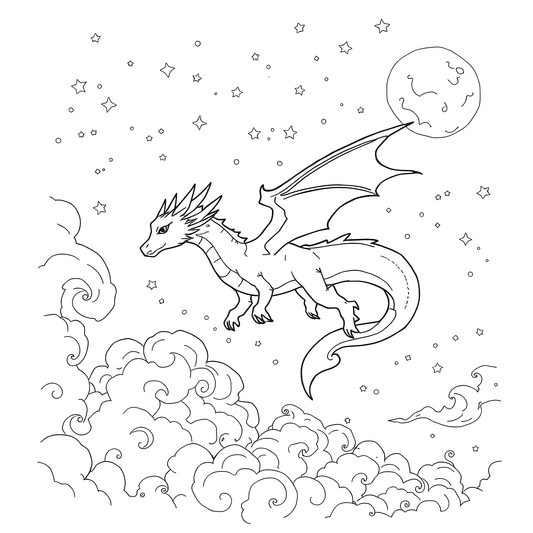Dragon flying amidst stars and clouds Coloring Page (free black-and-white line drawing printable PDF for all, from beginners to advanced learners, including children, teens, adults, and seniors)