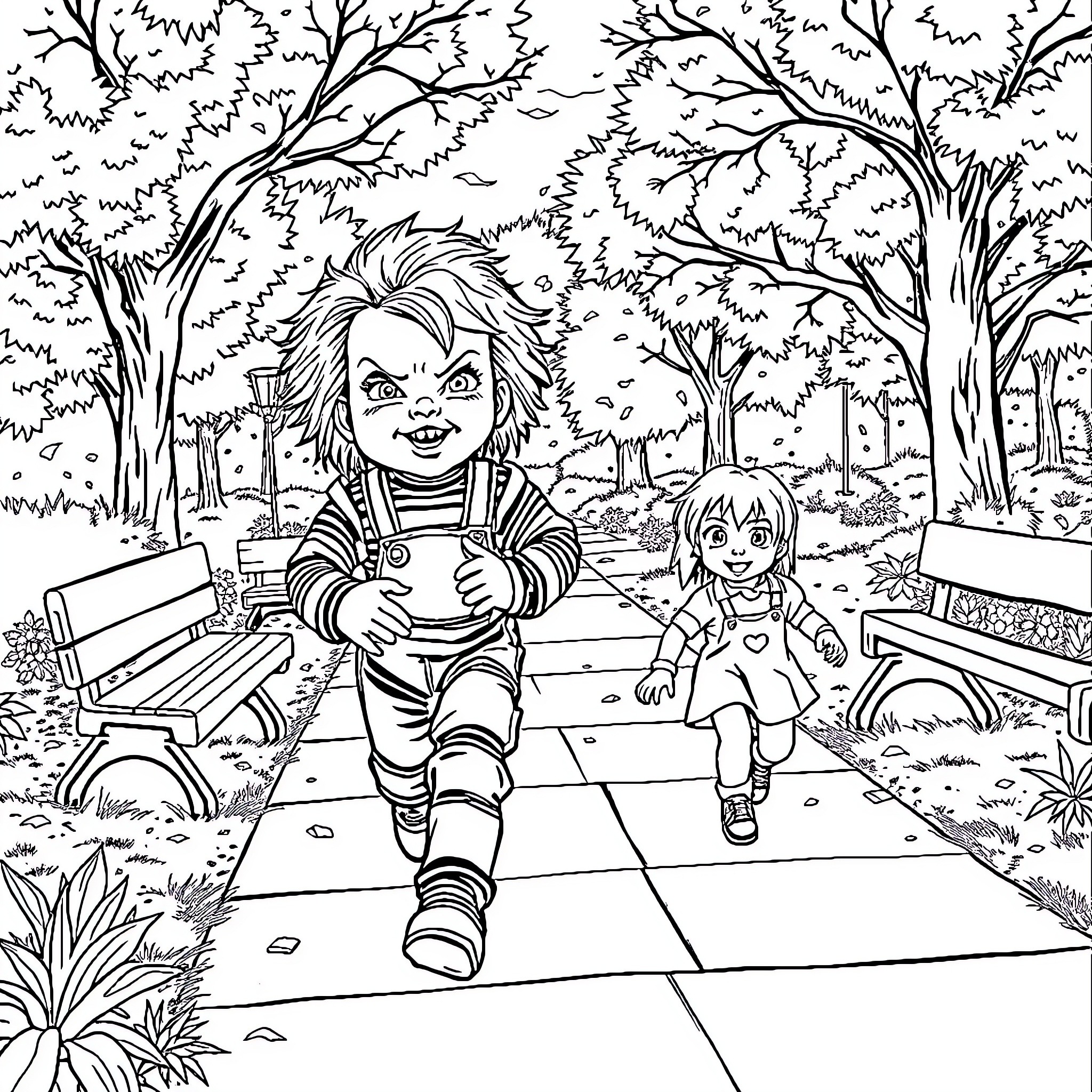 Chucky and Child Playing in the Park Coloring Page (free black-and-white line drawing printable PDF for all, from beginners to advanced learners, including children, teens, adults, and seniors)