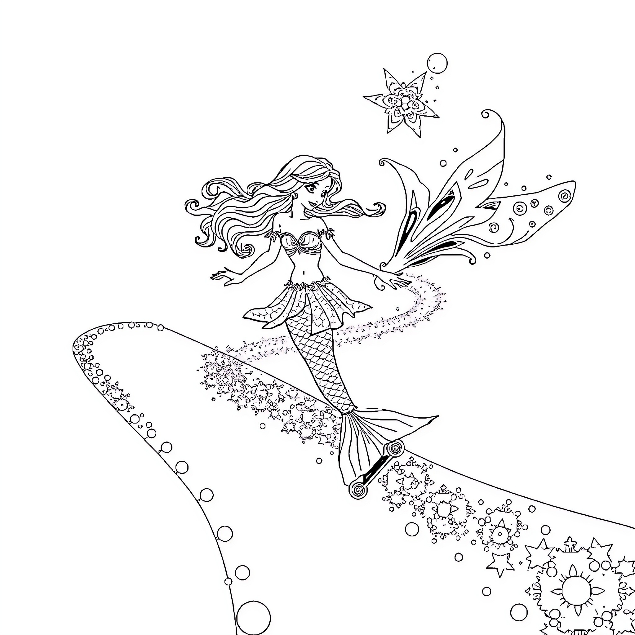 Mermaid Riding Waves with Starry Accessories Coloring Page (free black-and-white line drawing printable PDF for all, from beginners to advanced learners, including children, teens, adults, and seniors)