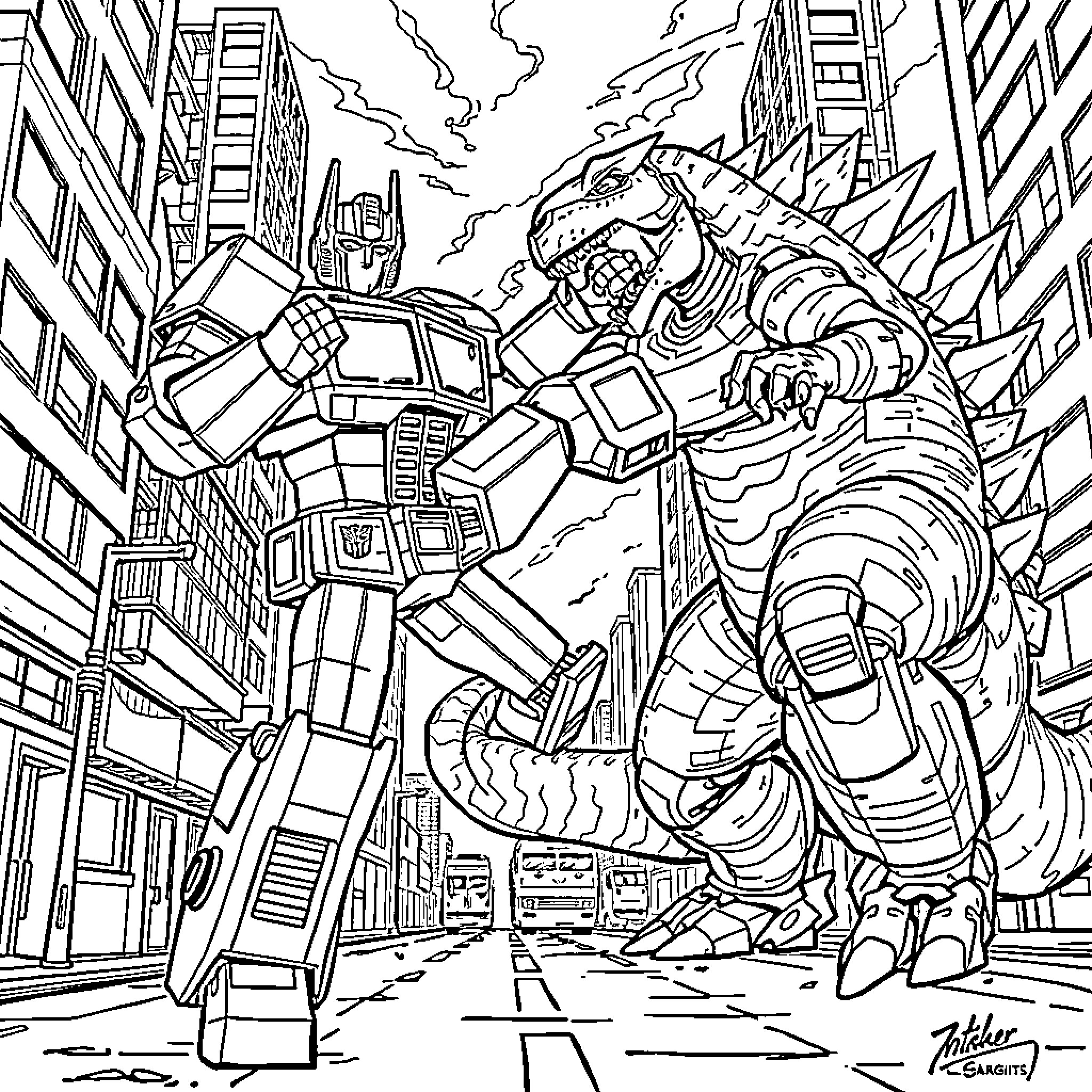 Optimus Prime battles a colossal foe in the city Coloring Page (free black-and-white line drawing printable PDF for all, from beginners to advanced learners, including children, teens, adults, and seniors)