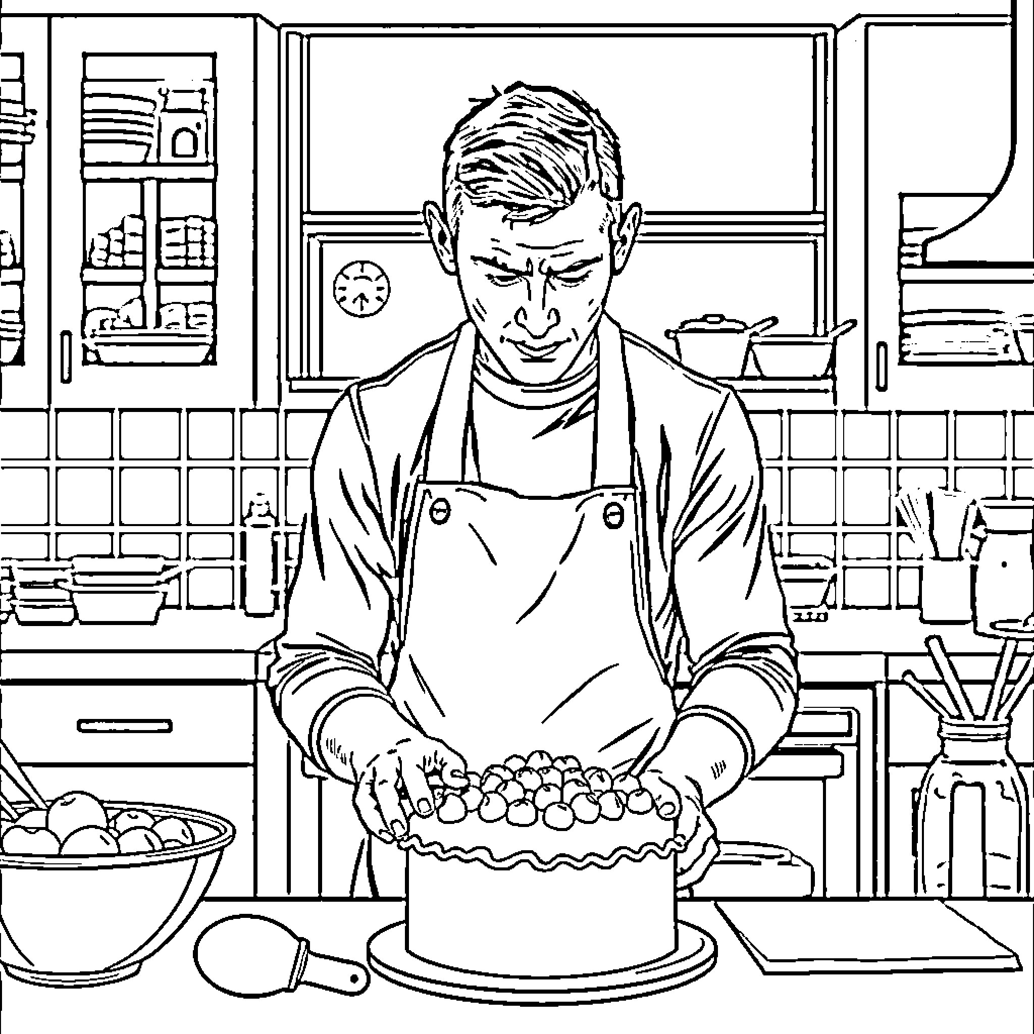 Wayne Rooney preparing a delicious dish in the kitchen Coloring Page (free black-and-white line drawing printable PDF for all, from beginners to advanced learners, including children, teens, adults, and seniors)