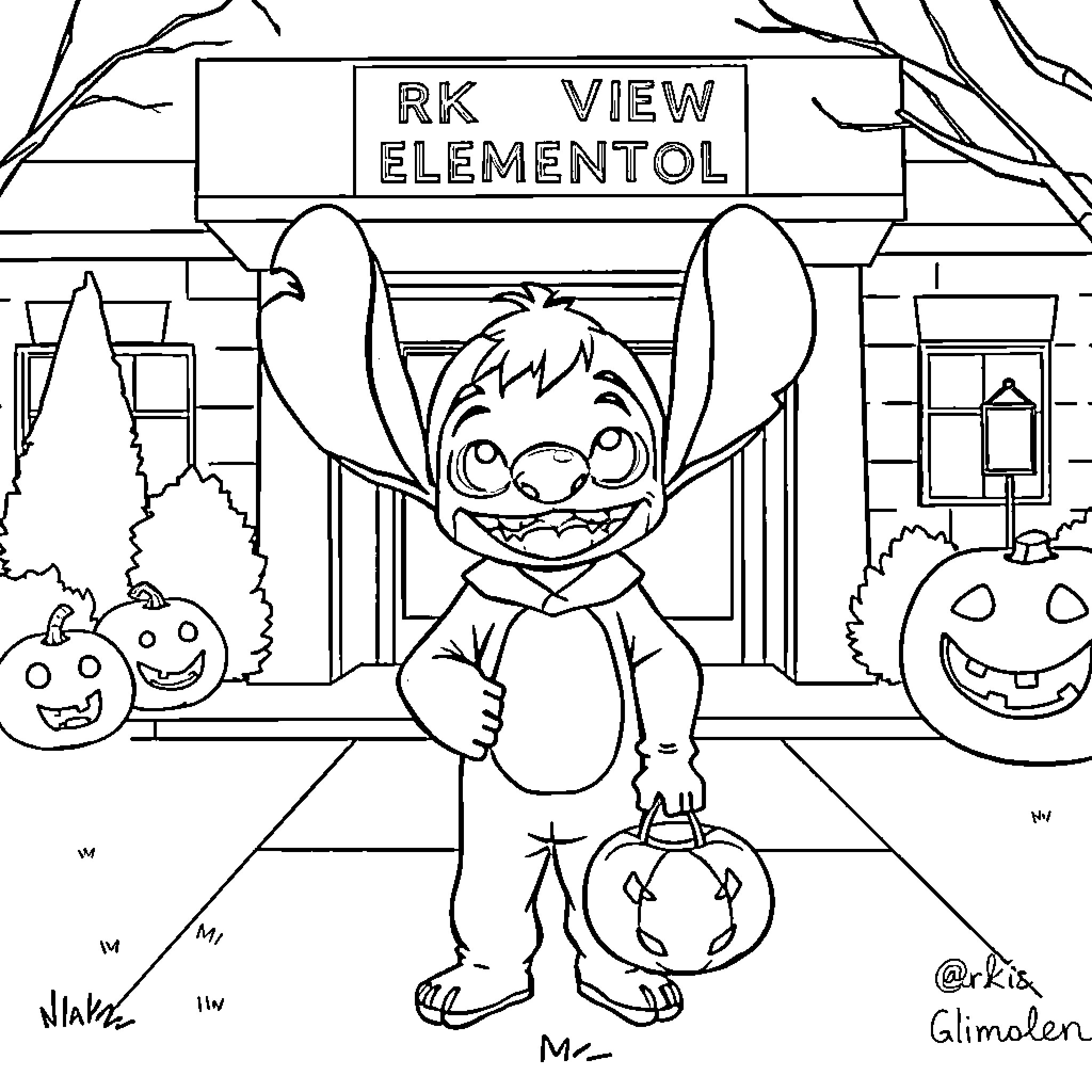 Stitch goes trick-or-treating at the RK View Elementol Coloring Page (free black-and-white line drawing printable PDF for all, from beginners to advanced learners, including children, teens, adults, and seniors)