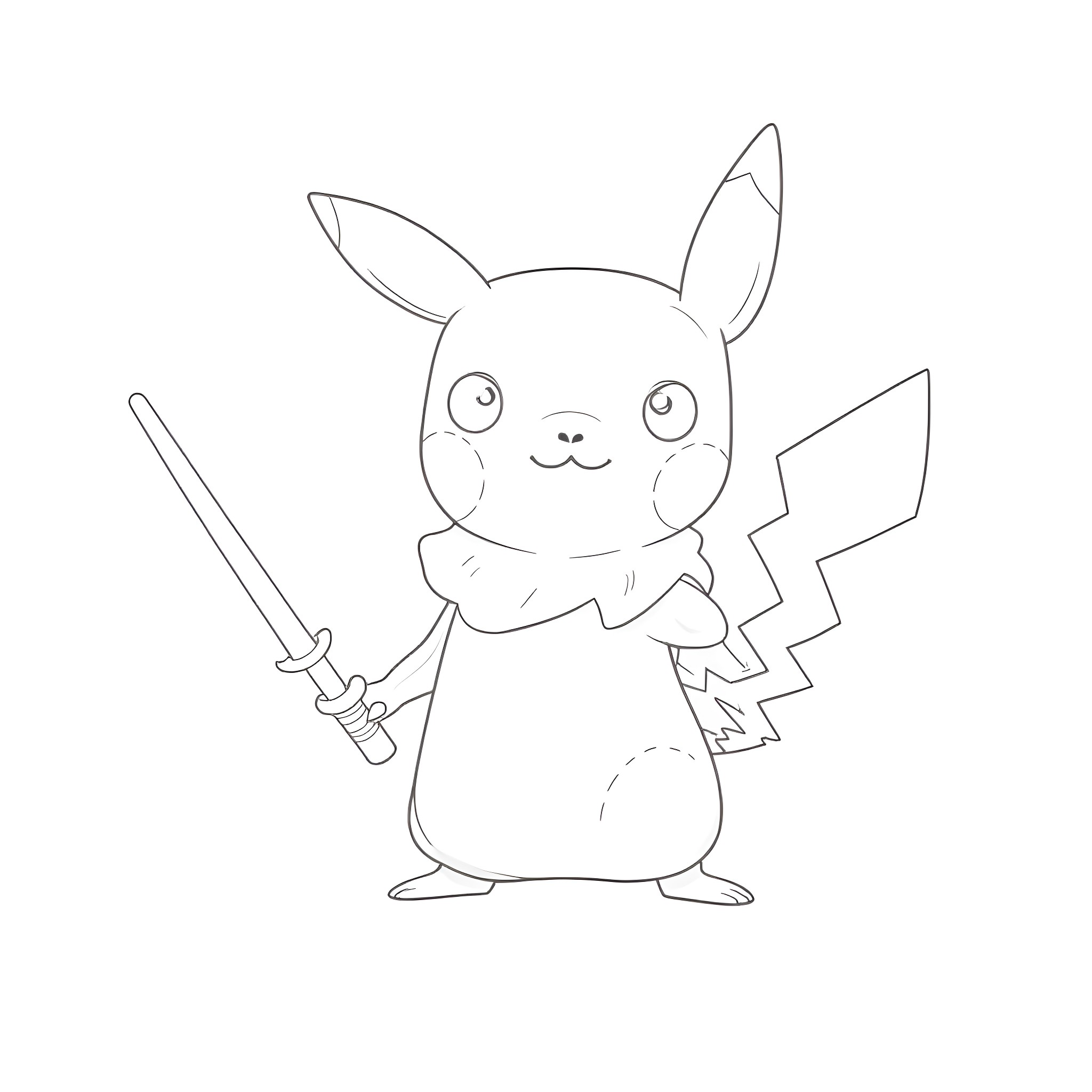 Pikachu wielding a sword with a determined expression Coloring Page (free black-and-white line drawing printable PDF for all, from beginners to advanced learners, including children, teens, adults, and seniors)