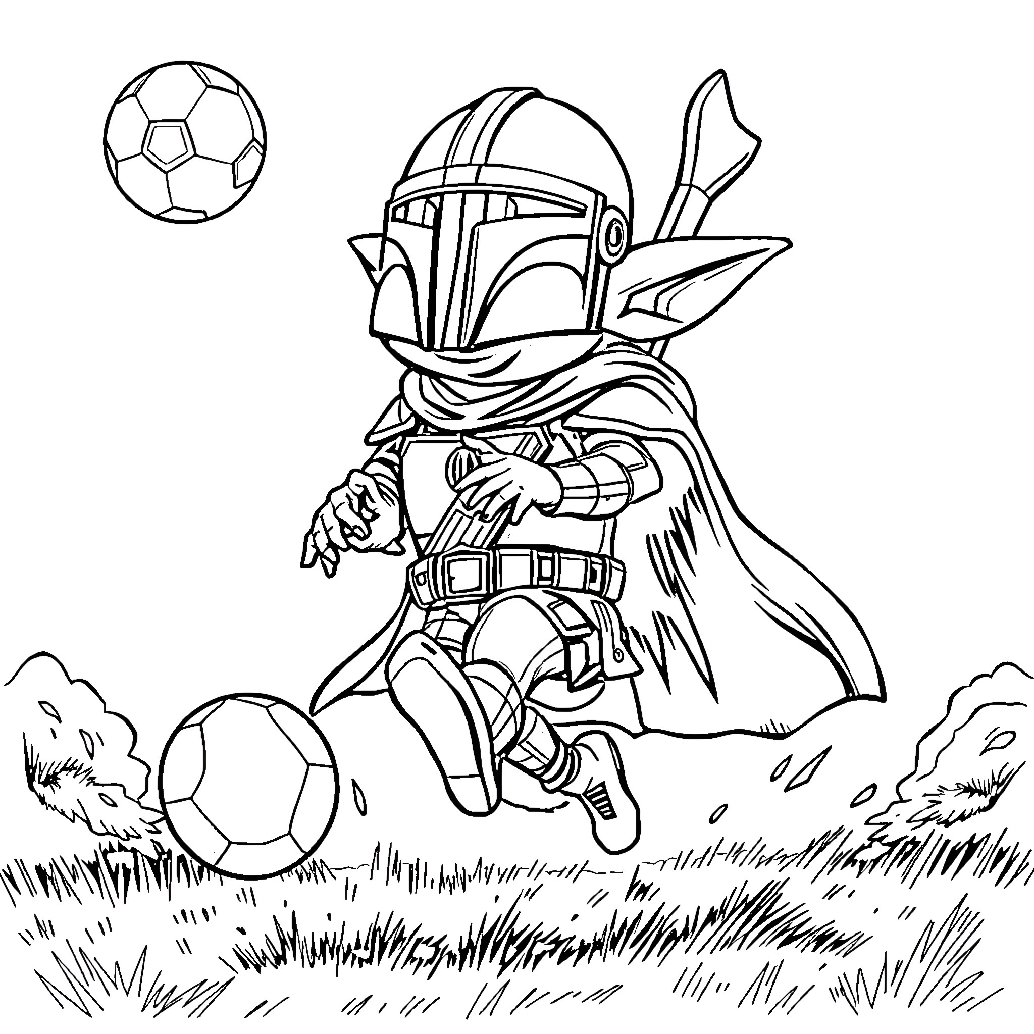Grogu playing soccer in the field Coloring Page (free black-and-white line drawing printable PDF for all, from beginners to advanced learners, including children, teens, adults, and seniors)