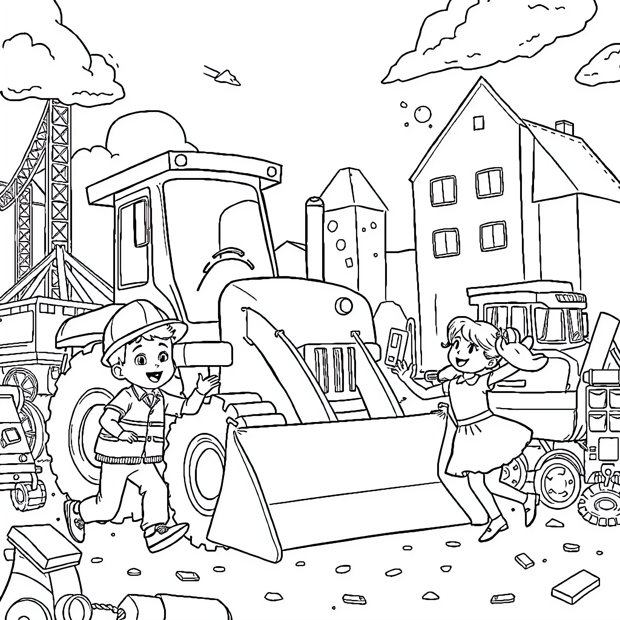 Children playing with construction vehicles in a city scene Coloring Page (free black-and-white line drawing printable PDF for all, from beginners to advanced learners, including children, teens, adults, and seniors)