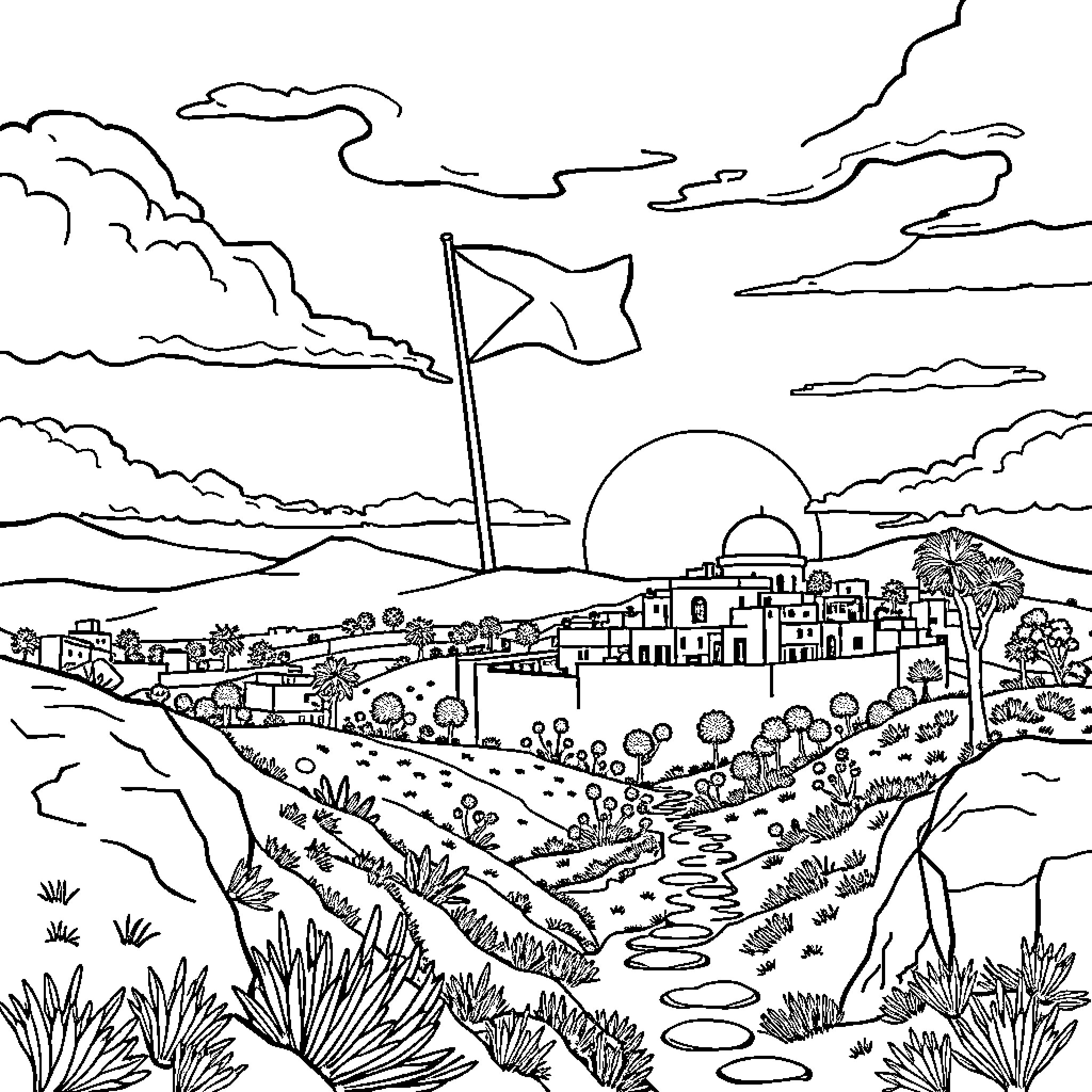 Palestine landscape with flag and cloudscape Coloring Page (free black-and-white line drawing printable PDF for all, from beginners to advanced learners, including children, teens, adults, and seniors)