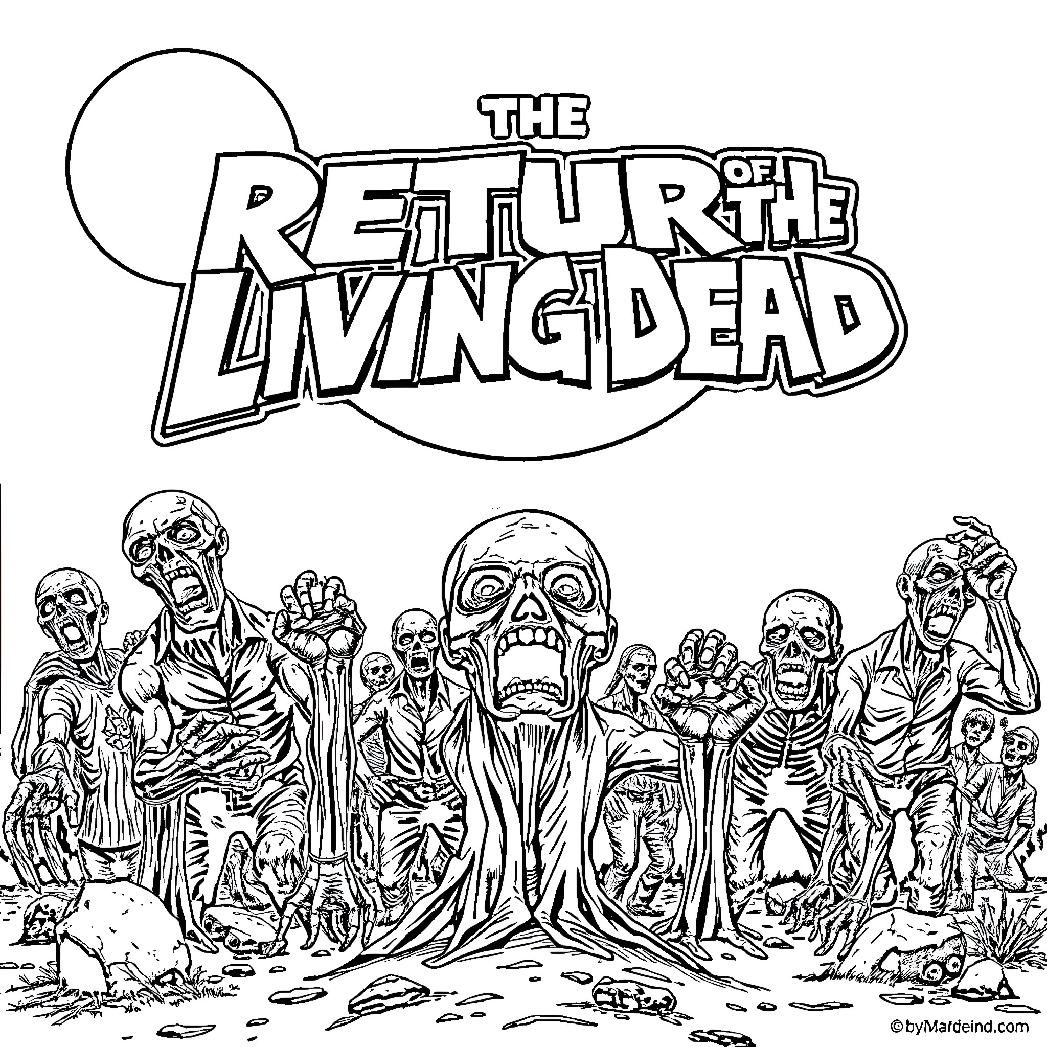 Return Of The Living Dead: Horde of Ghastly Zombies Unleash Mayhem Coloring Page (free black-and-white line drawing printable PDF for all, from beginners to advanced learners, including children, teens, adults, and seniors)