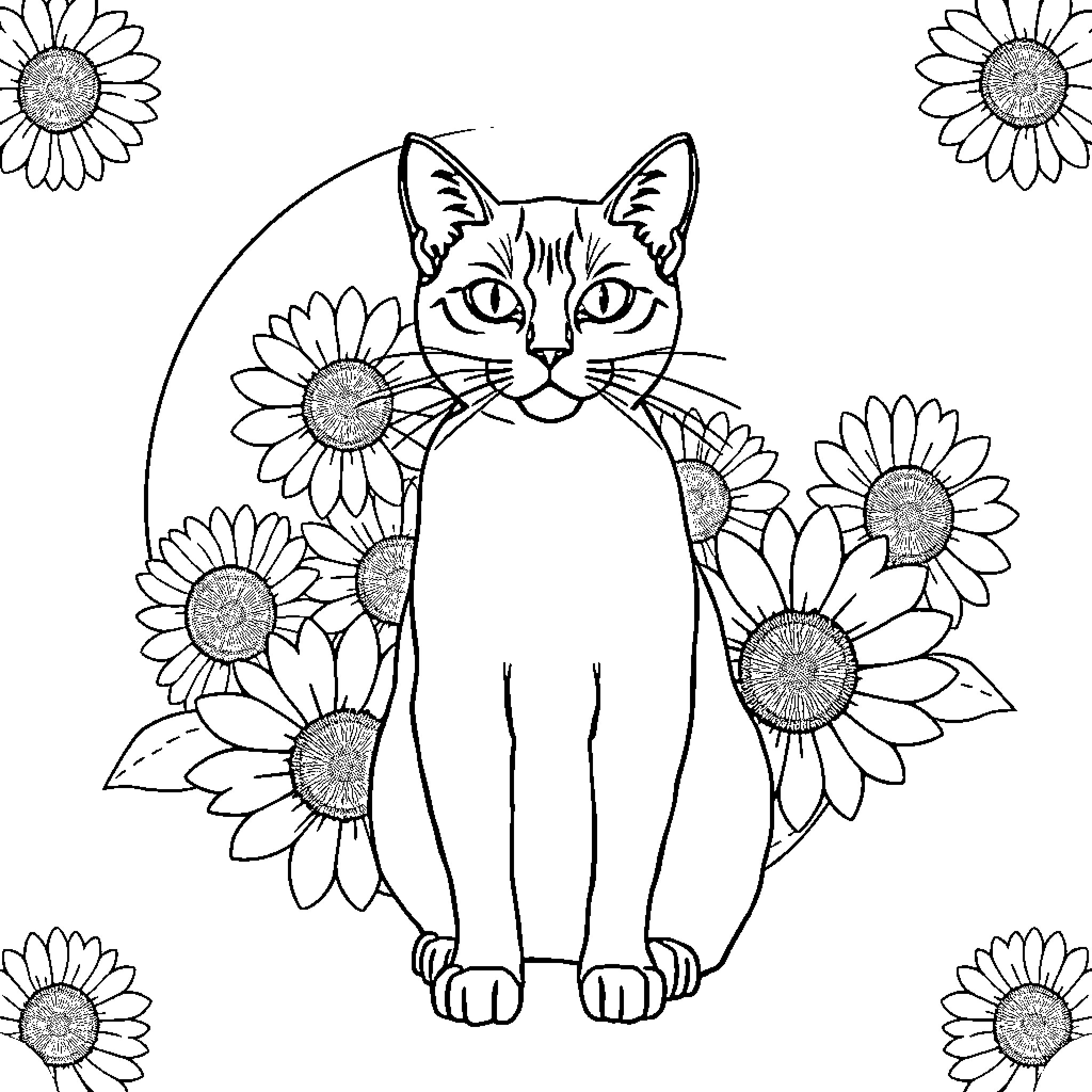 Cat surrounded by cheerful sunflowers Coloring Page (free black-and-white line drawing printable PDF for all, from beginners to advanced learners, including children, teens, adults, and seniors)