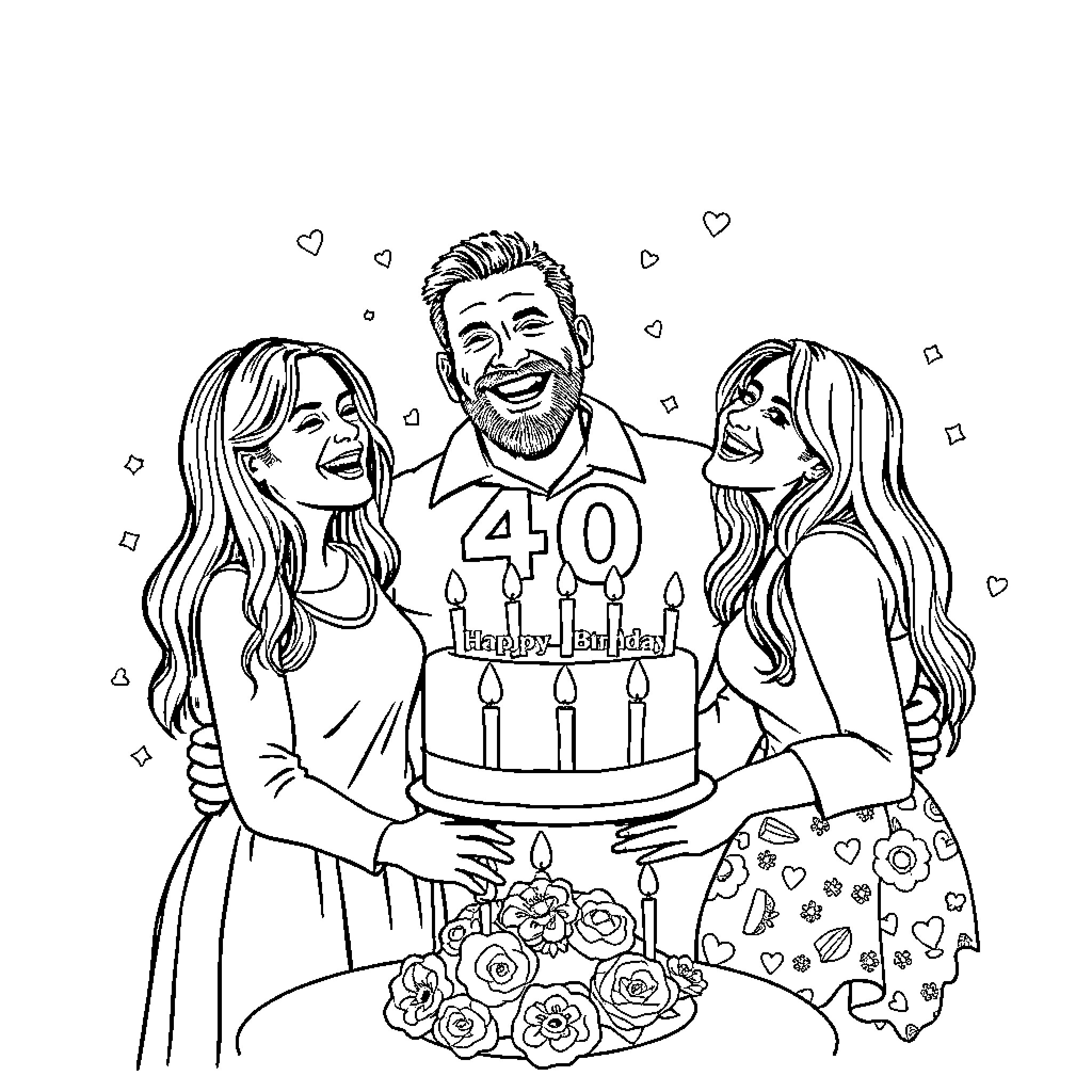 Dad's 40th birthday celebration with loved ones Coloring Page (free black-and-white line drawing printable PDF for all, from beginners to advanced learners, including children, teens, adults, and seniors)