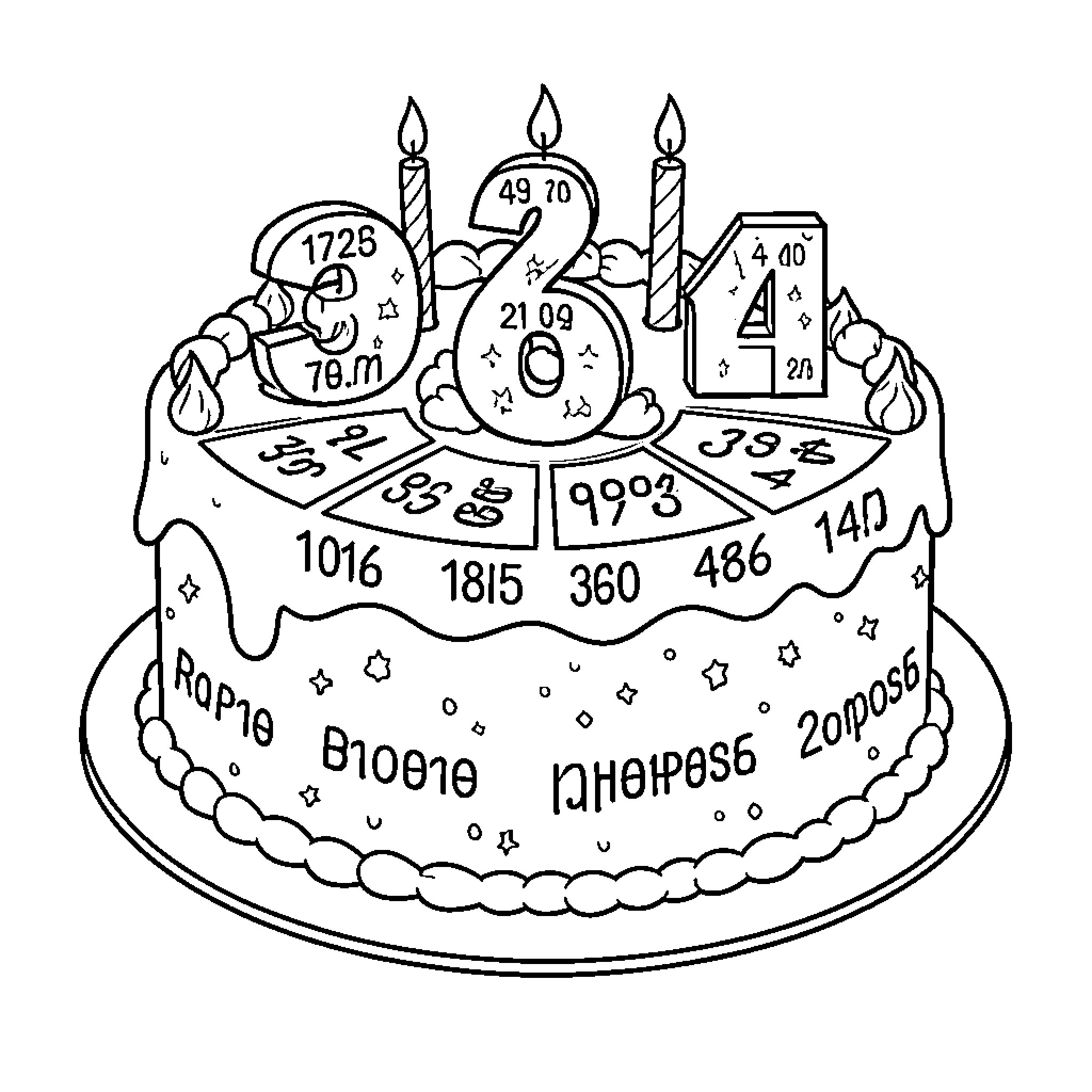 Cake decorated with various numbers and lit candles Coloring Page (free black-and-white line drawing printable PDF for all, from beginners to advanced learners, including children, teens, adults, and seniors)